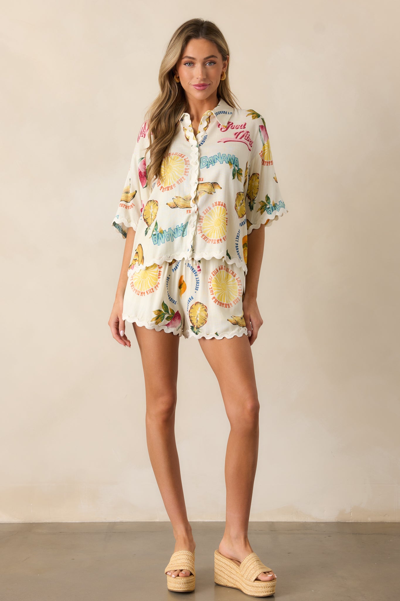 Sunlit Shores Ivory Tropical Fruit Print Shorts - Image 4