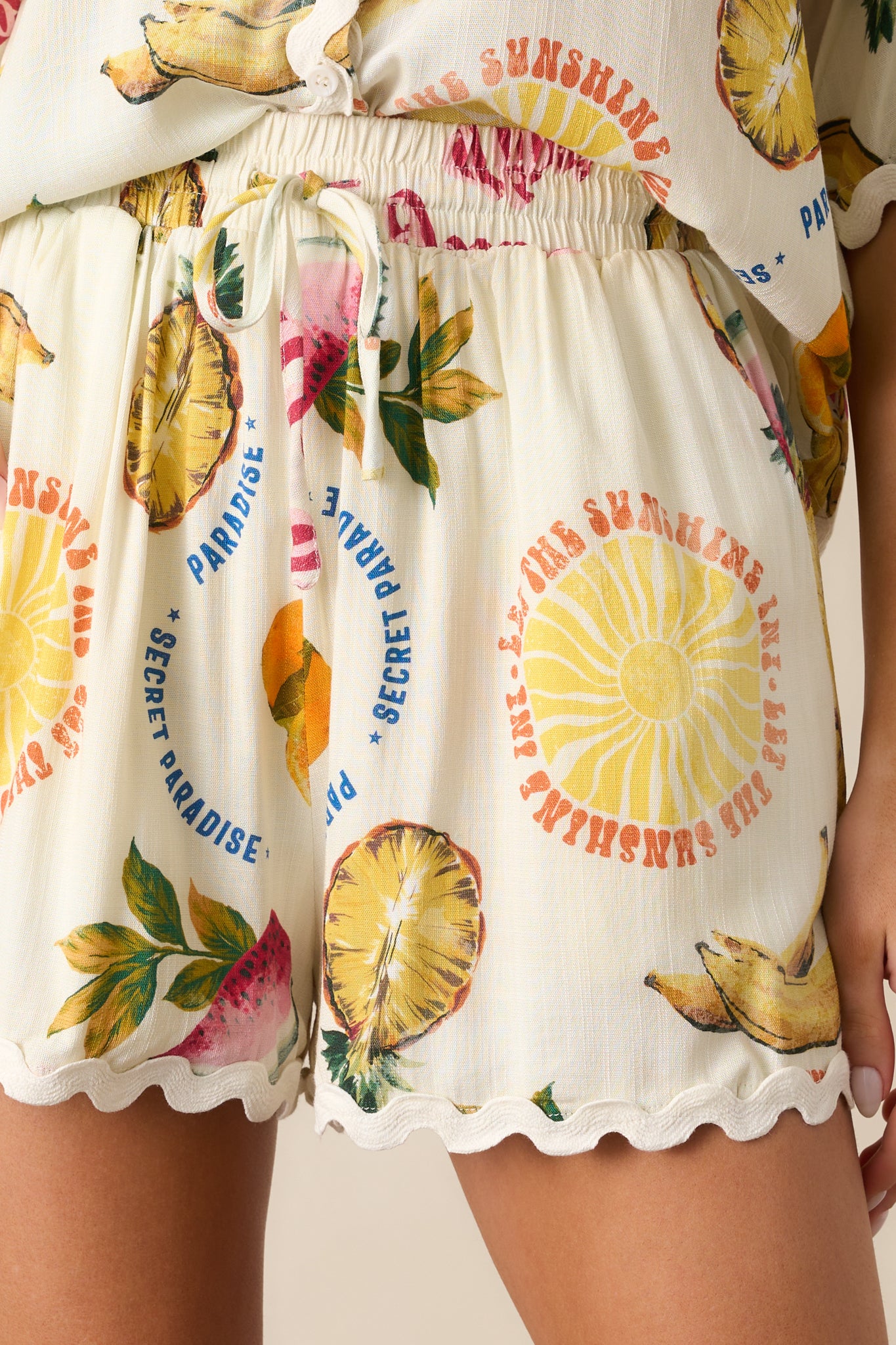 Sunlit Shores Ivory Tropical Fruit Print Shorts - Image 3