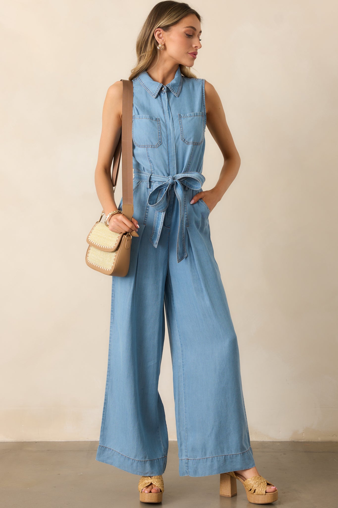 Best Foot Forward Blue Chambray Sleeveless Jumpsuit - Image 5