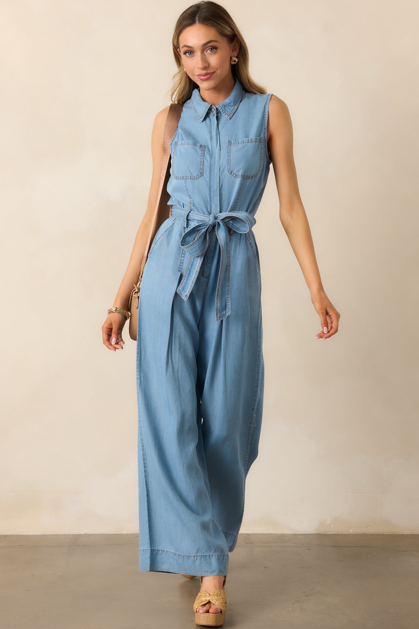 Best Foot Forward Blue Chambray Sleeveless Jumpsuit - Image 4