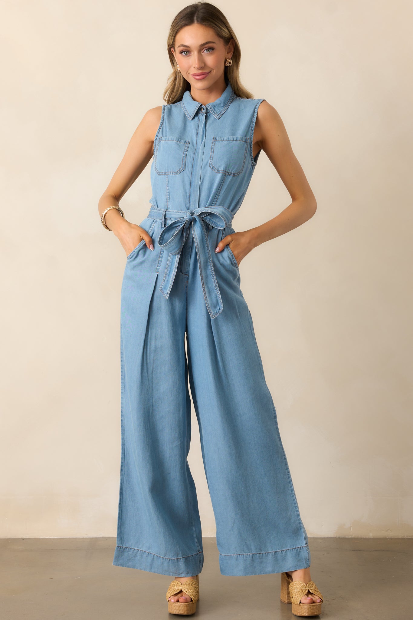 Best Foot Forward Blue Chambray Sleeveless Jumpsuit - Image 6
