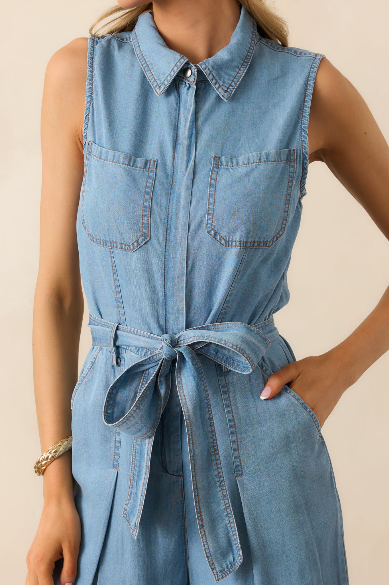 Best Foot Forward Blue Chambray Sleeveless Jumpsuit - Image 2