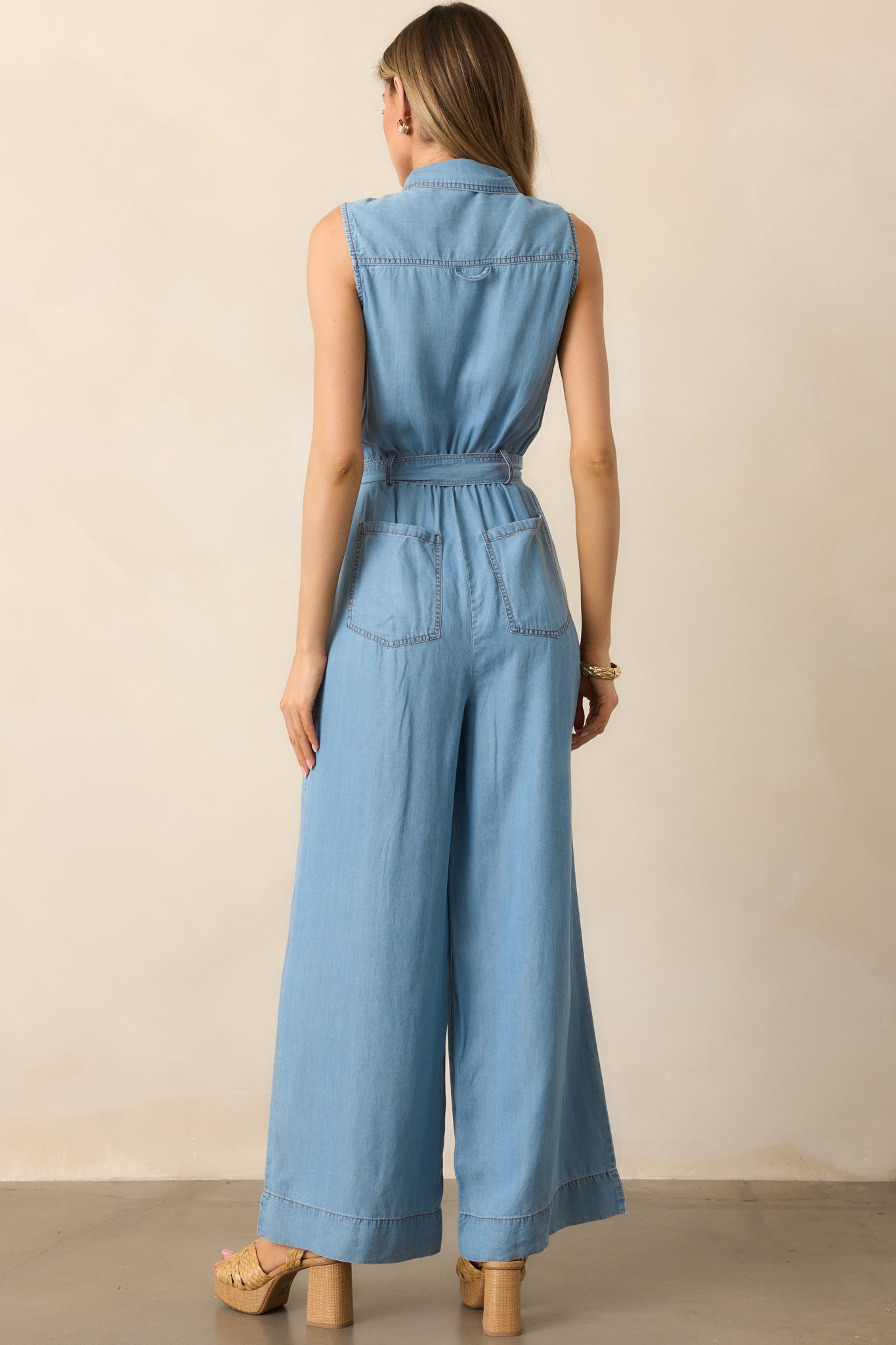Best Foot Forward Blue Chambray Sleeveless Jumpsuit - Image 7