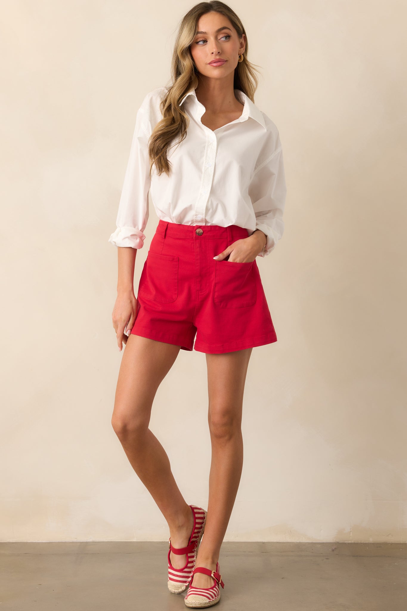 For The Moment Red High Waisted Patch Pocket Shorts - Image 6