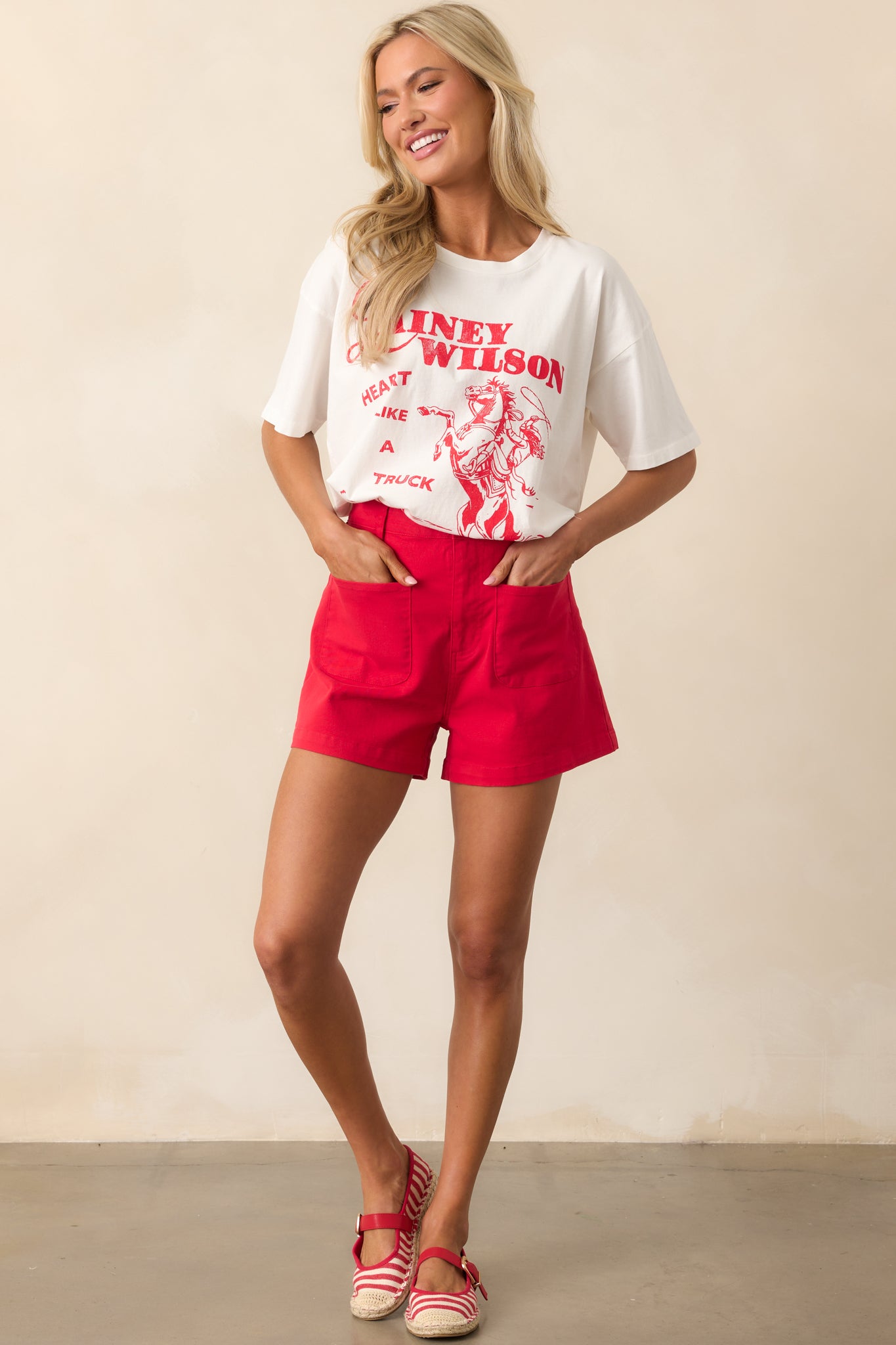 For The Moment Red High Waisted Patch Pocket Shorts - Image 4