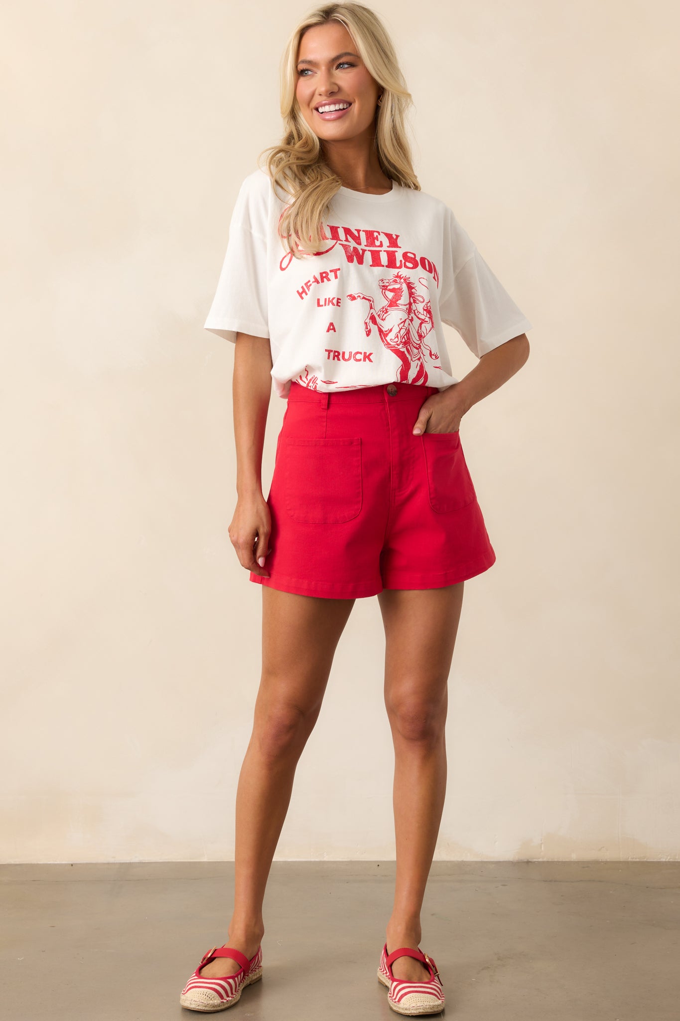 For The Moment Red High Waisted Patch Pocket Shorts - Image 5