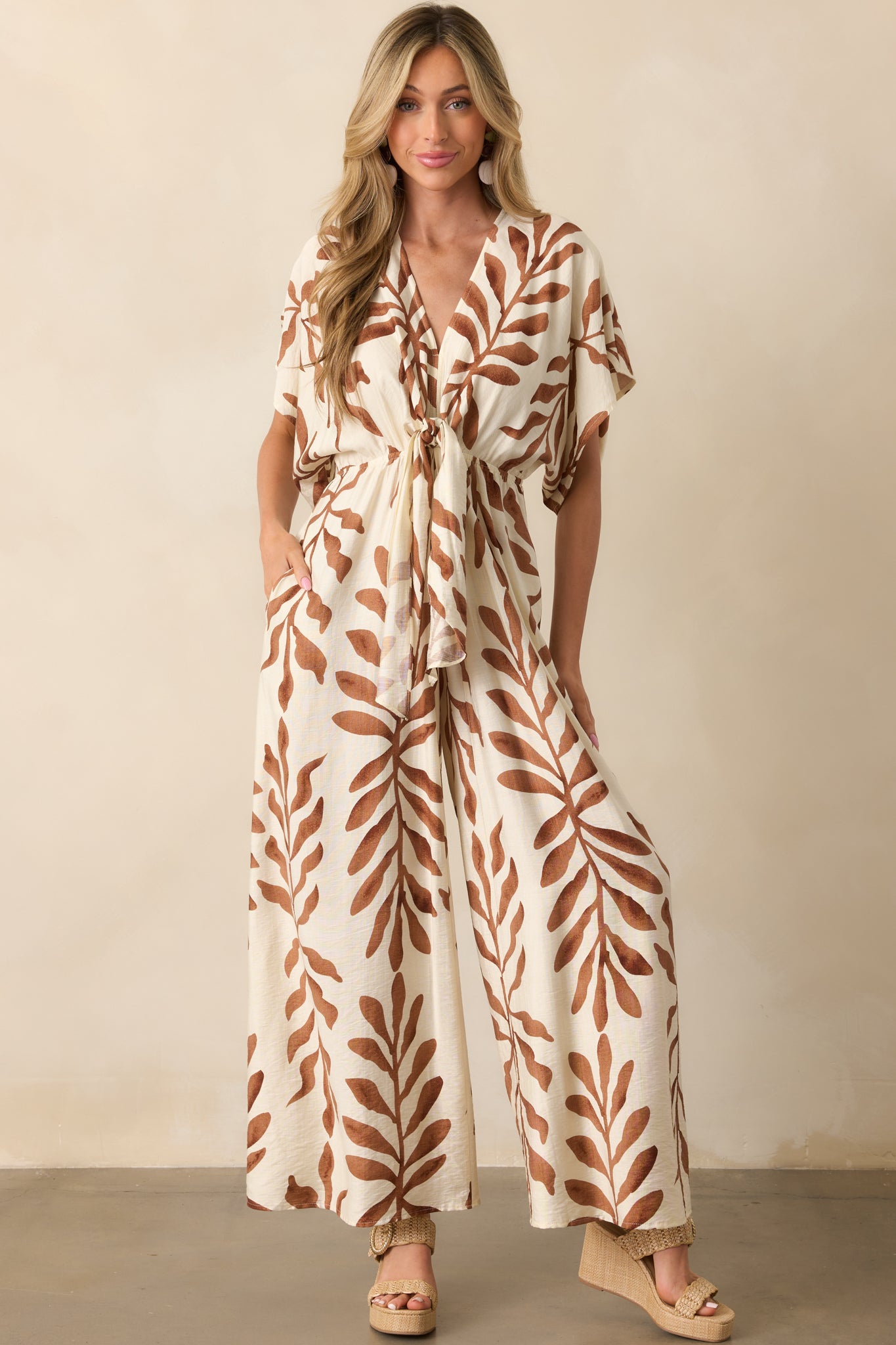 Stepping Into Greatness Light Brown Botanical Print Jumpsuit - Image 6