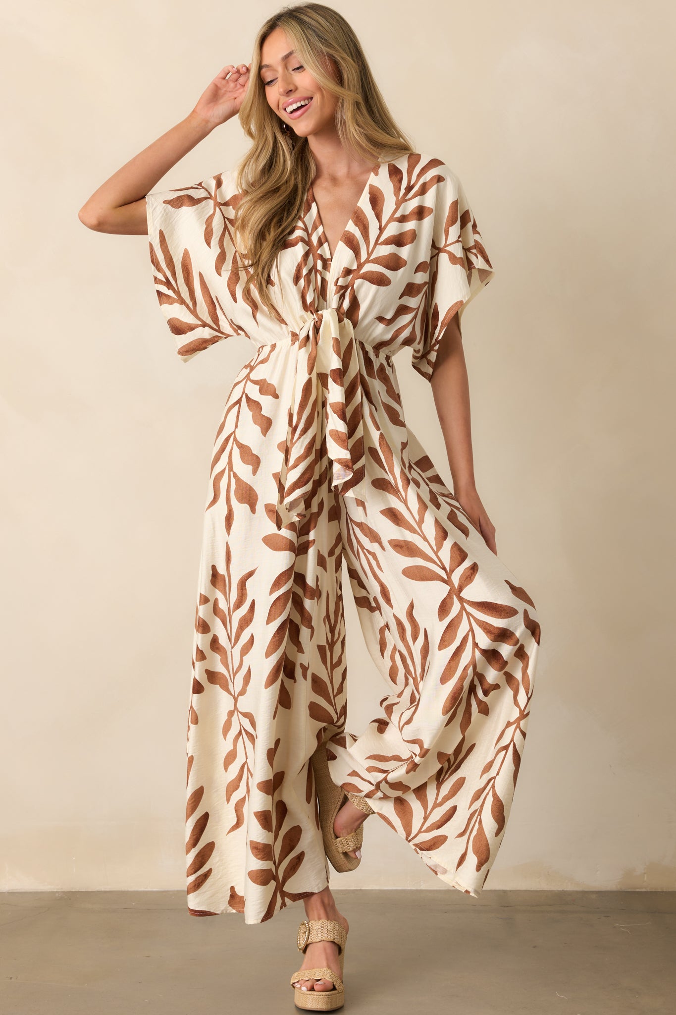 Stepping Into Greatness Light Brown Botanical Print Jumpsuit - Image 5
