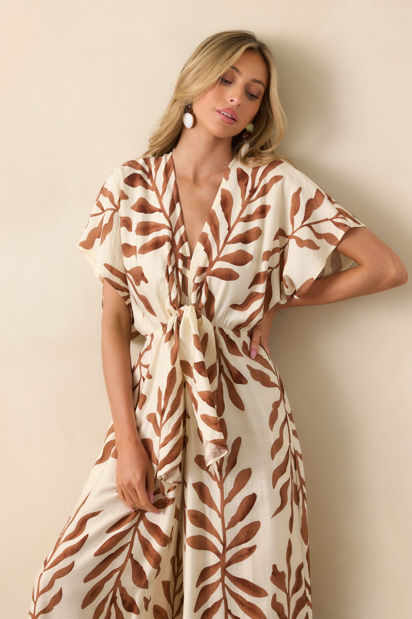 Stepping Into Greatness Light Brown Botanical Print Jumpsuit - Image 3