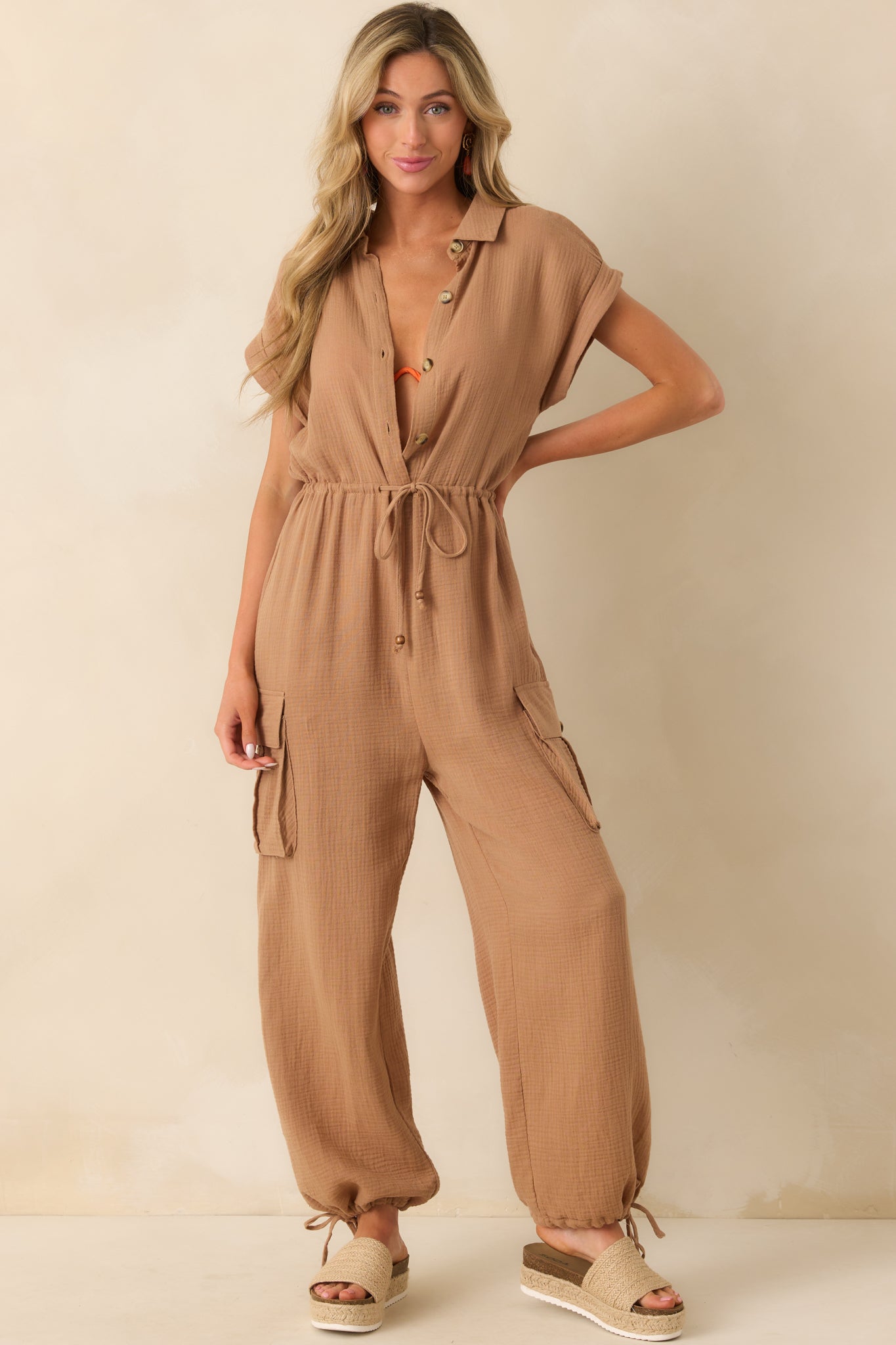 Skyline Soiree Camel Brown Cotton Gauze Jumpsuit - Image 5