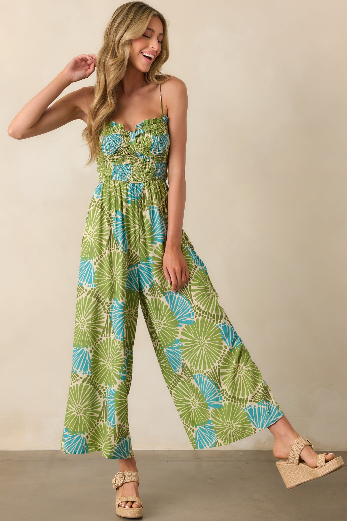 Something Light And Easy Green Floral Linen Blend Jumpsuit - Image 5