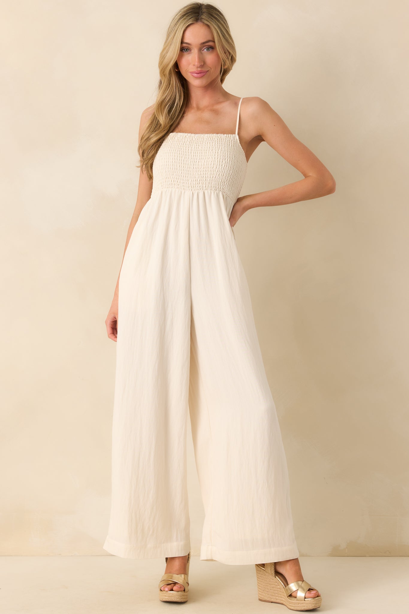 Z Supply Ivory Rayon Beachside Smocked Jumpsuit - Image 5