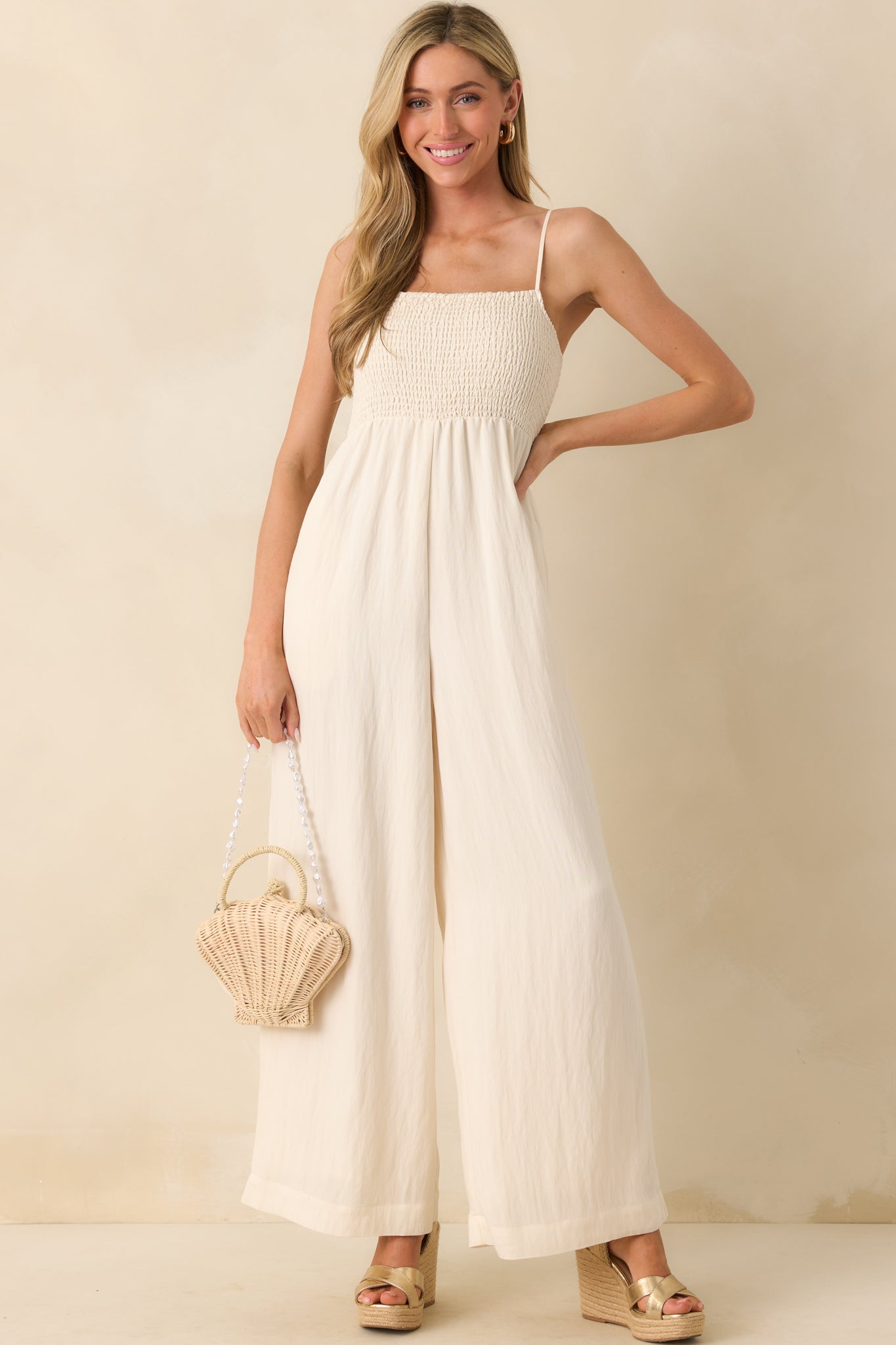 Z Supply Ivory Rayon Beachside Smocked Jumpsuit - Image 3