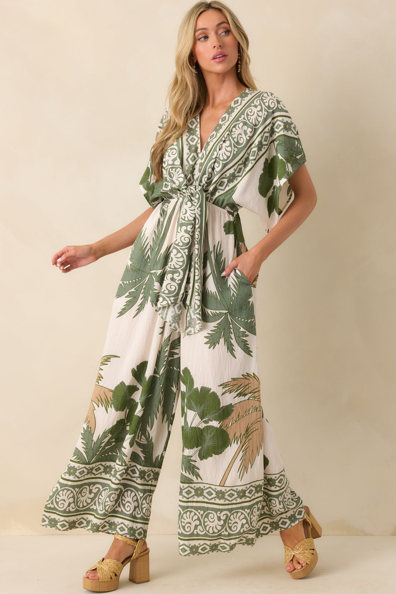 Leave Them Guessing Green Multi Tropical Print Jumpsuit - Image 5