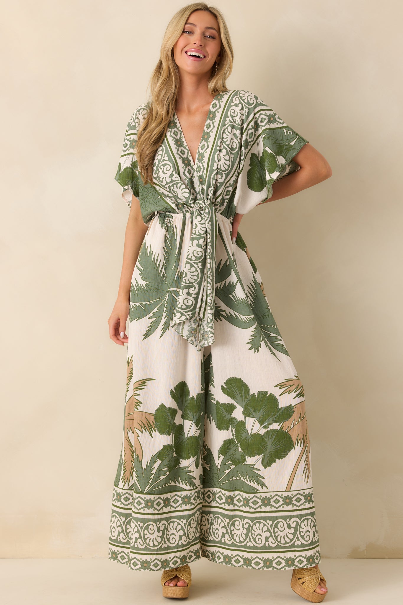 Leave Them Guessing Green Multi Tropical Print Jumpsuit - Image 6