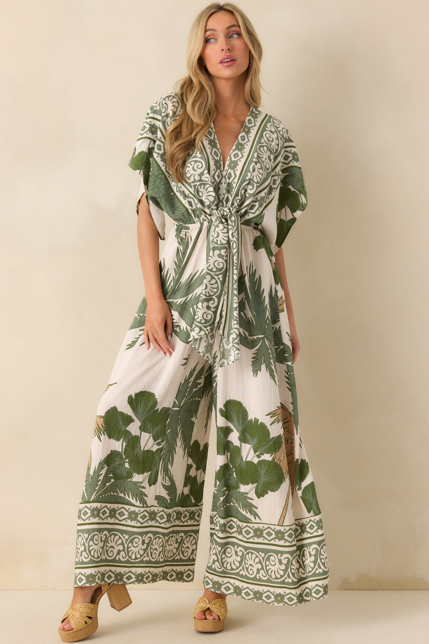 Leave Them Guessing Green Multi Tropical Print Jumpsuit - Image 4