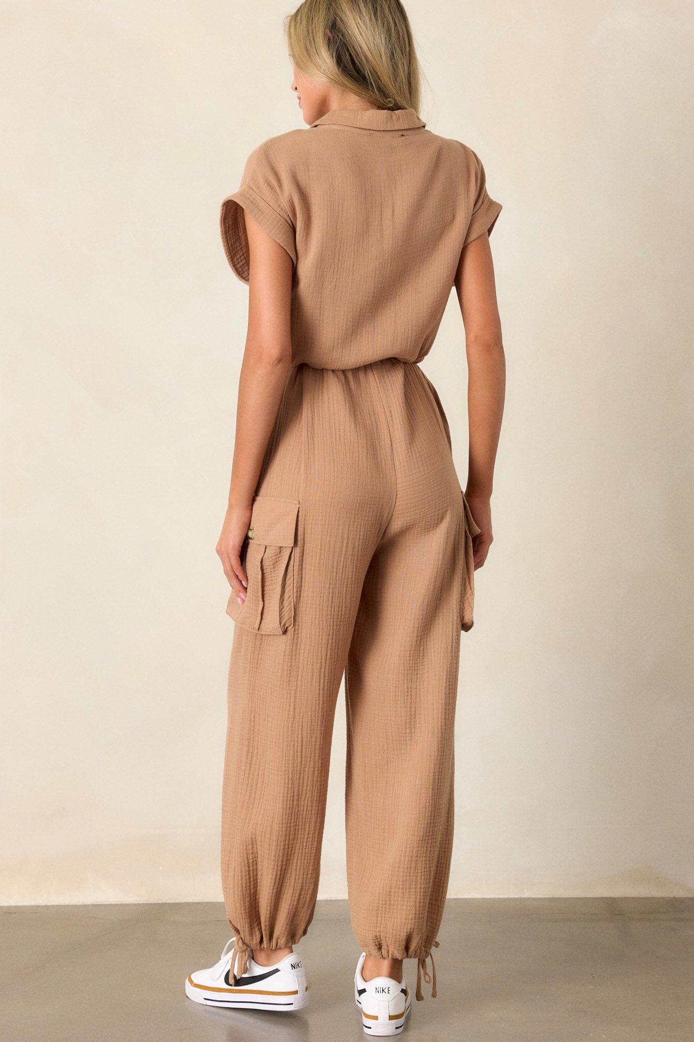 Skyline Soiree Camel Brown Cotton Gauze Jumpsuit - Image 11