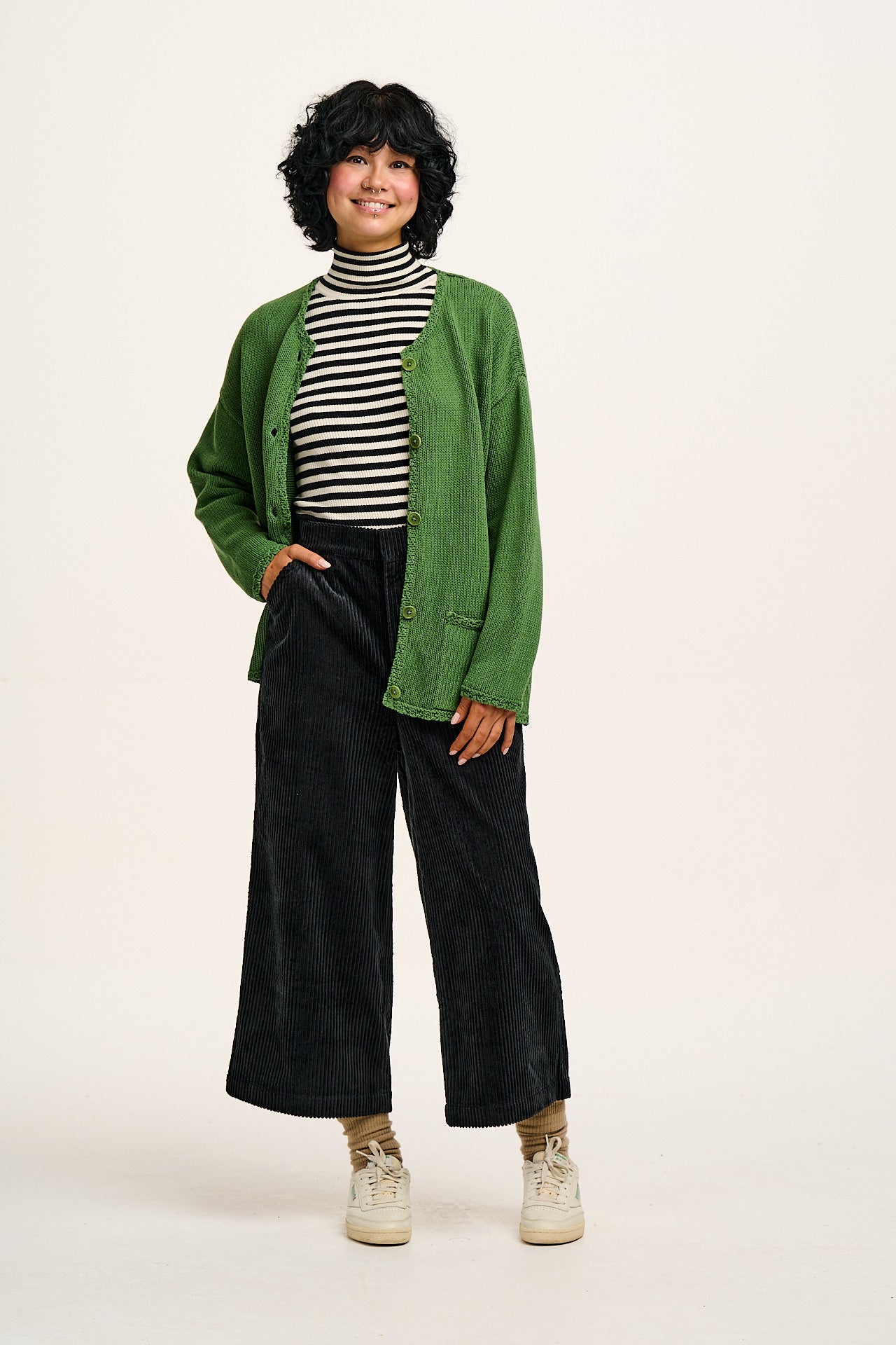 Aiden - Roll Neck Knitted Cotton Top in Black & White Stripe - Image 14