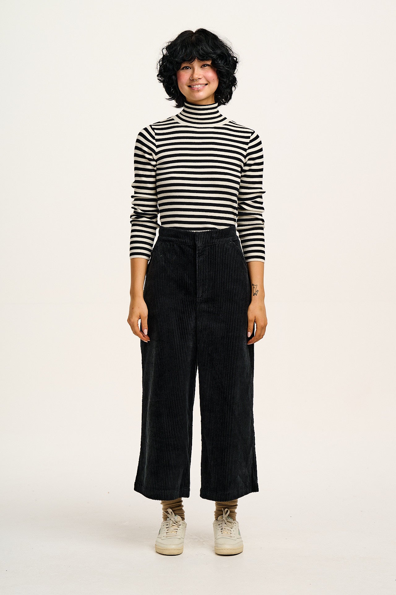Aiden - Roll Neck Knitted Cotton Top in Black & White Stripe - Image 10