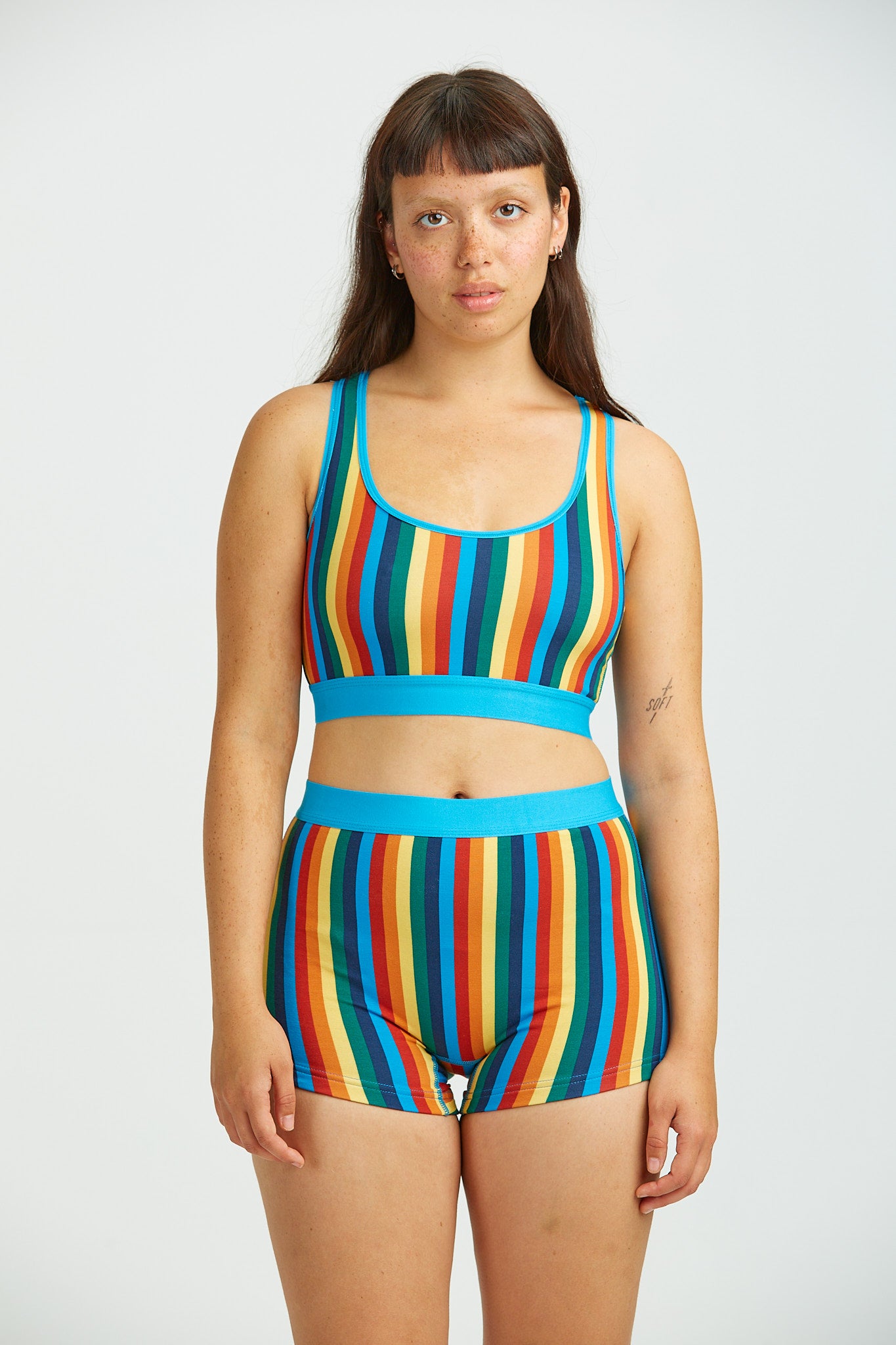Iona - Racer Back Cotton & Bamboo Crop Top in Rainbow Stripe - Image 3