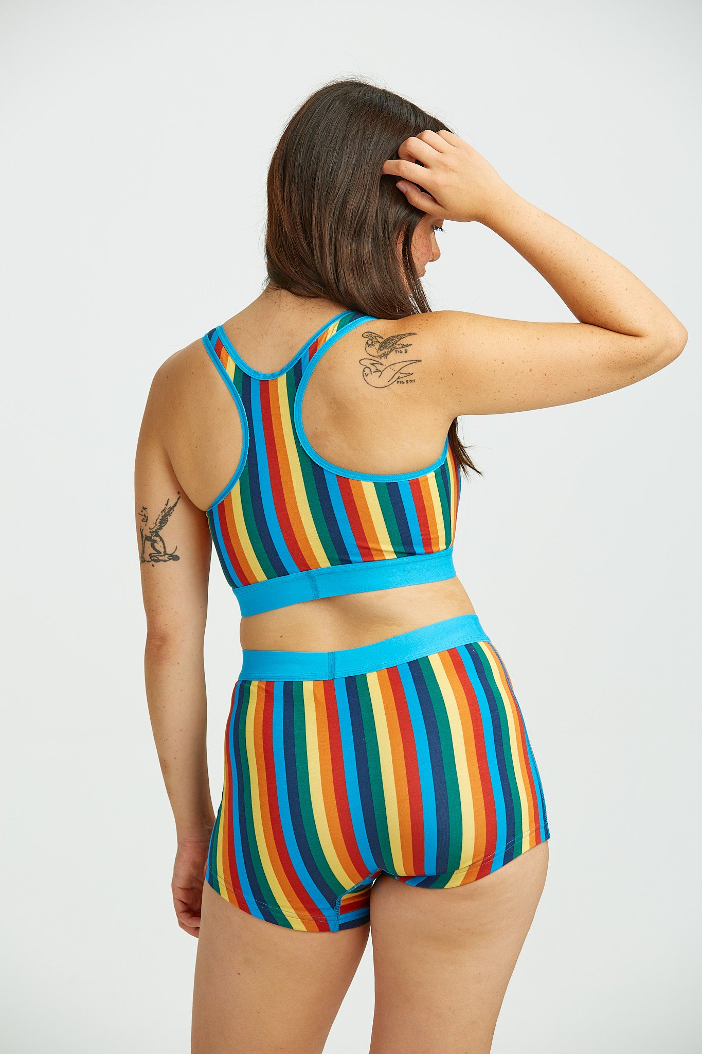 Iona - Racer Back Cotton & Bamboo Crop Top in Rainbow Stripe - Image 2