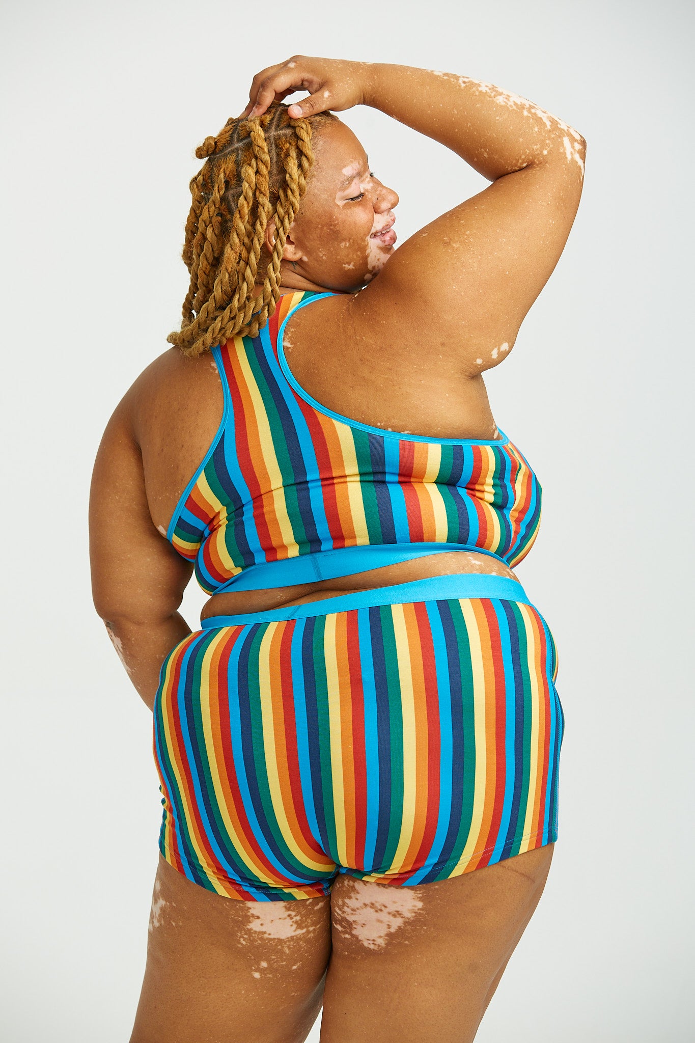 Iona - Racer Back Cotton & Bamboo Crop Top in Rainbow Stripe - Image 5
