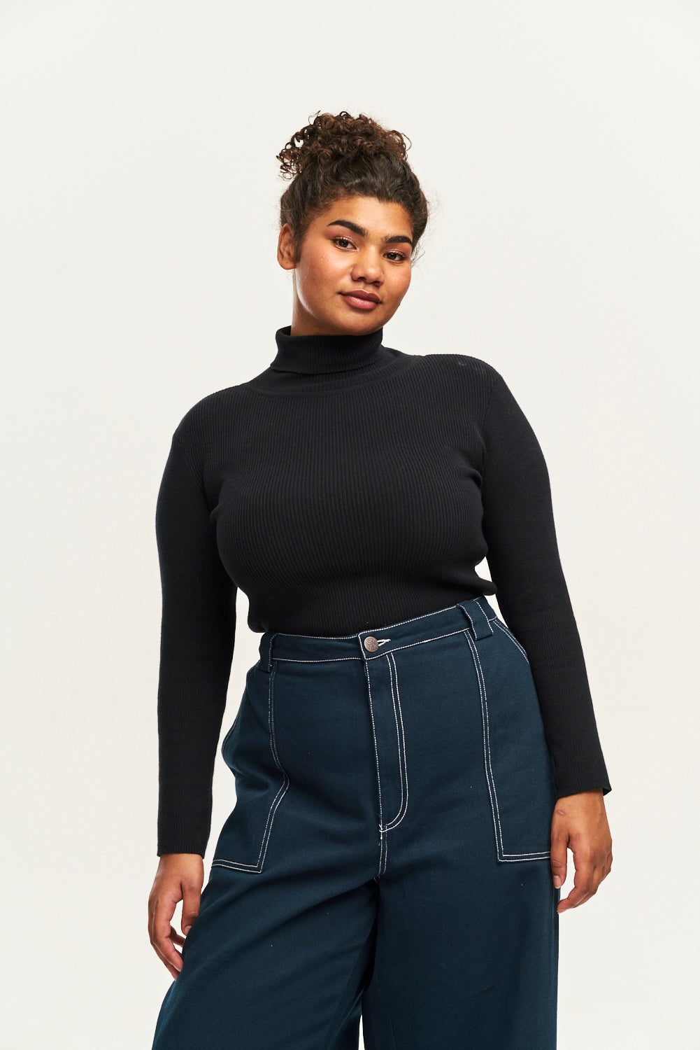 Aiden - Roll Neck Knitted Cotton Top in Black - Image 7