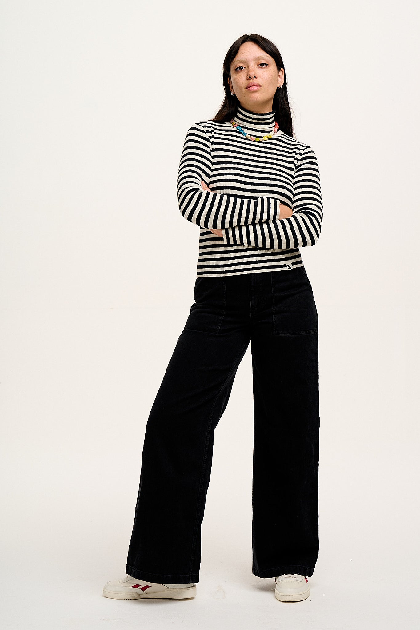 Aiden - Roll Neck Knitted Cotton Top in Black & White Stripe - Image 3