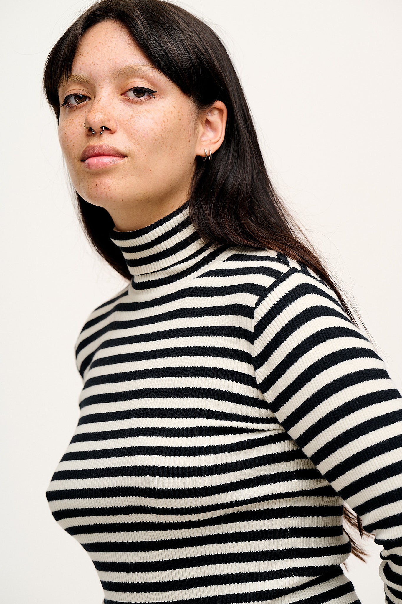 Aiden - Roll Neck Knitted Cotton Top in Black & White Stripe - Image 2