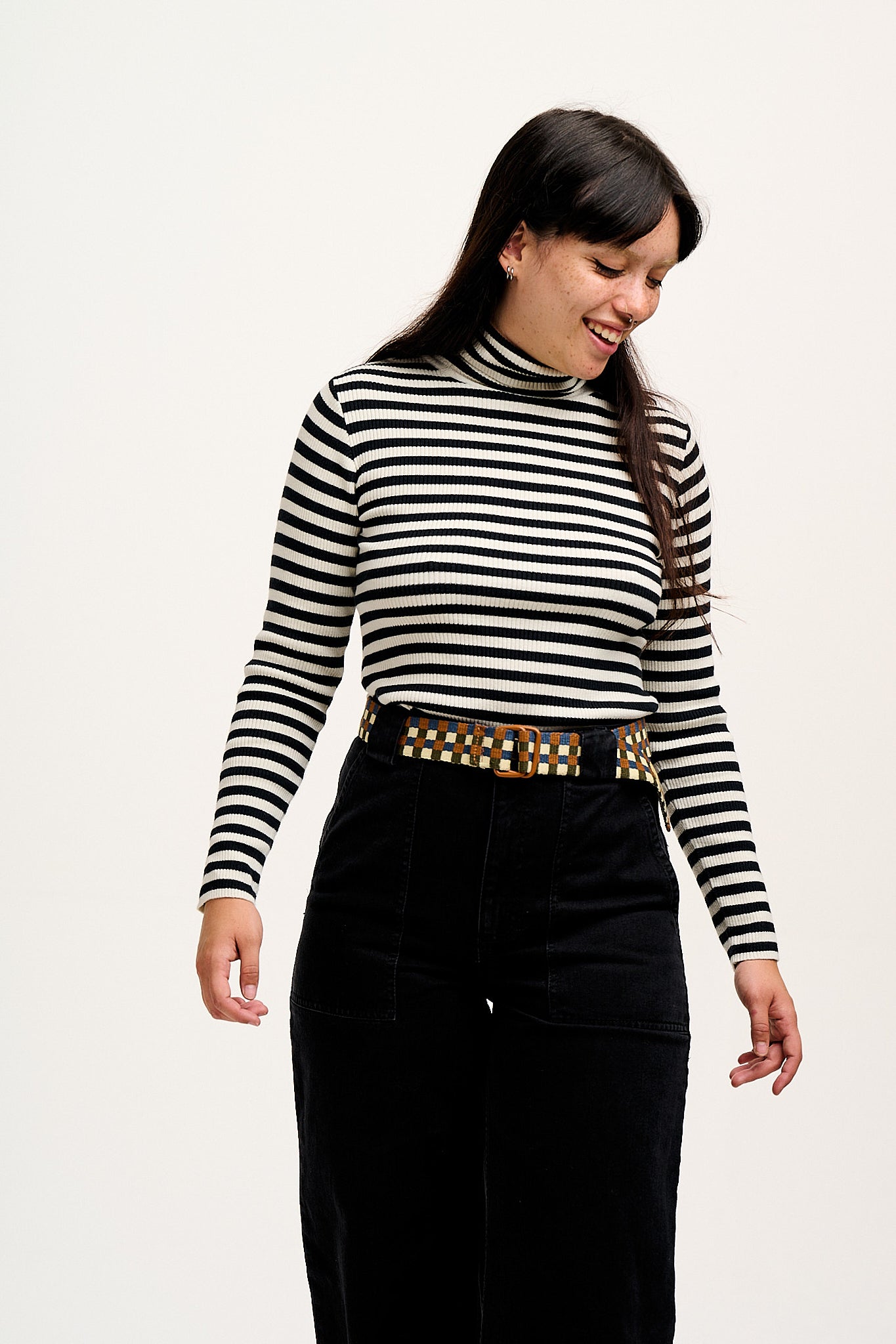 Aiden - Roll Neck Knitted Cotton Top in Black & White Stripe - Image 4