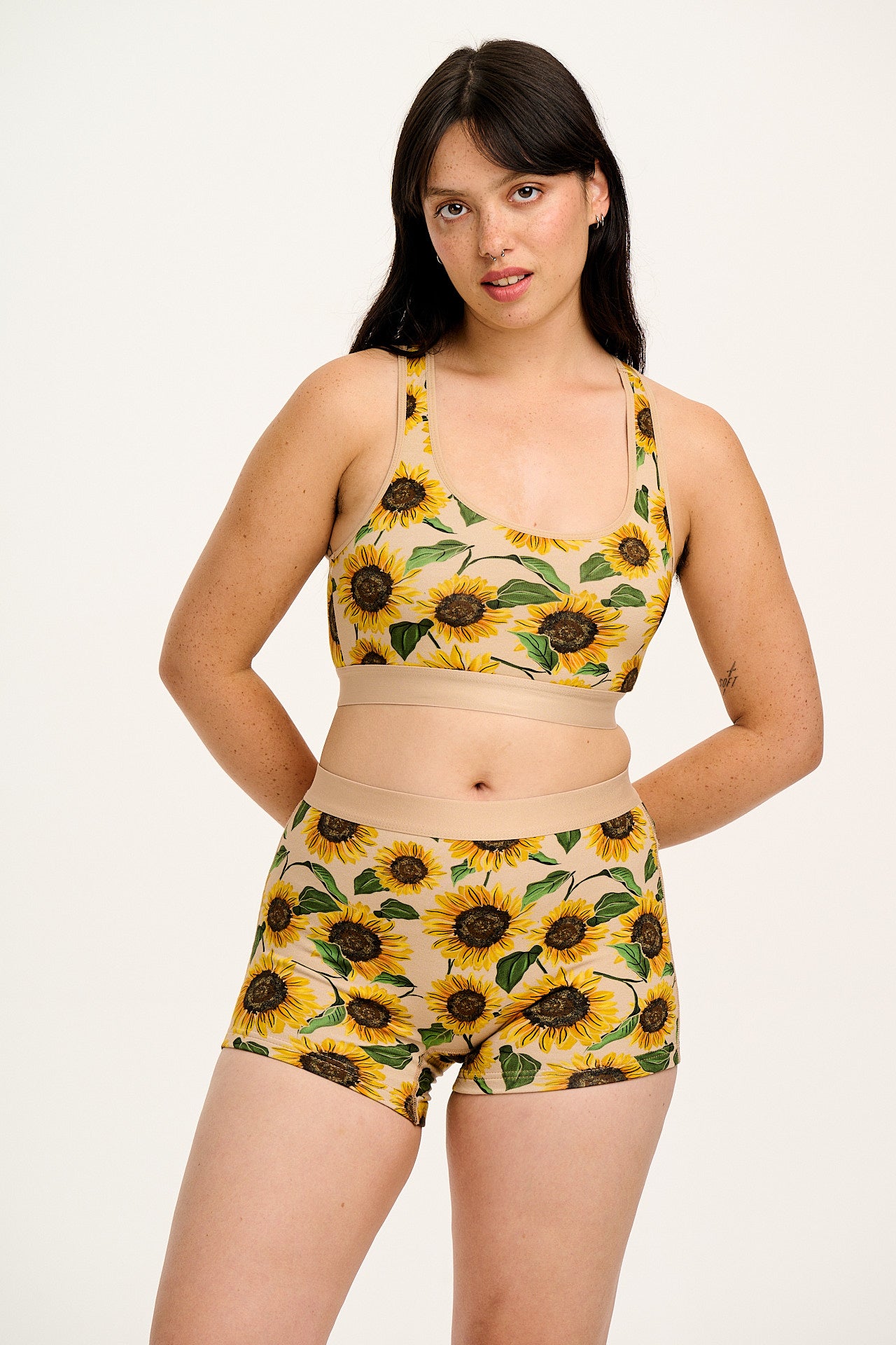 Iona - Racer Back Cotton & Bamboo Crop Top in Cream Sunflower Print - Image 5