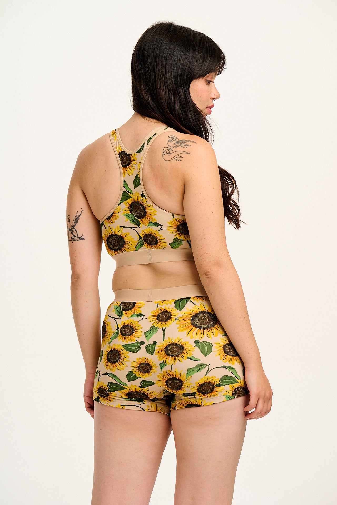 Iona - Racer Back Cotton & Bamboo Crop Top in Cream Sunflower Print - Image 3