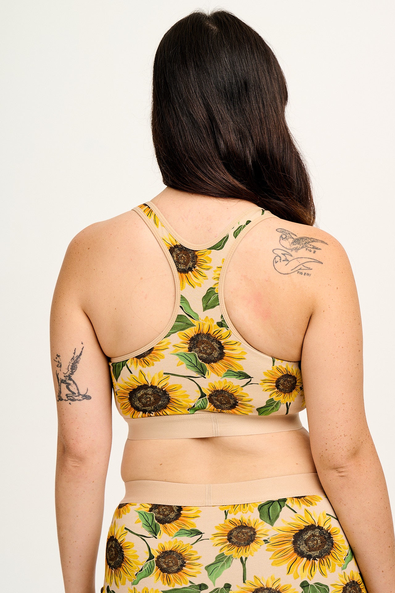 Iona - Racer Back Cotton & Bamboo Crop Top in Cream Sunflower Print - Image 4