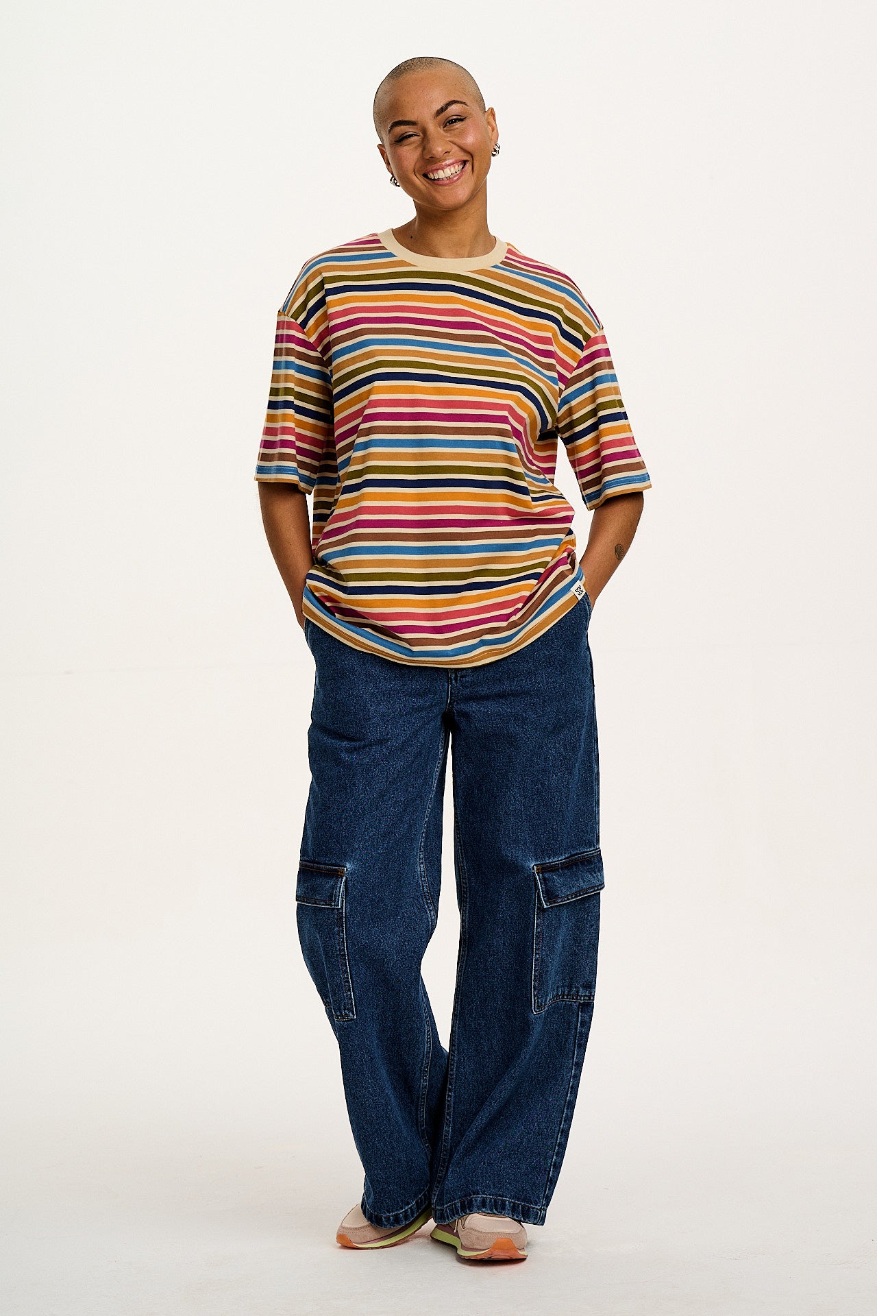 Benny - Oversized Cotton Tee in Rainbow & Ecru Stripe - Image 4