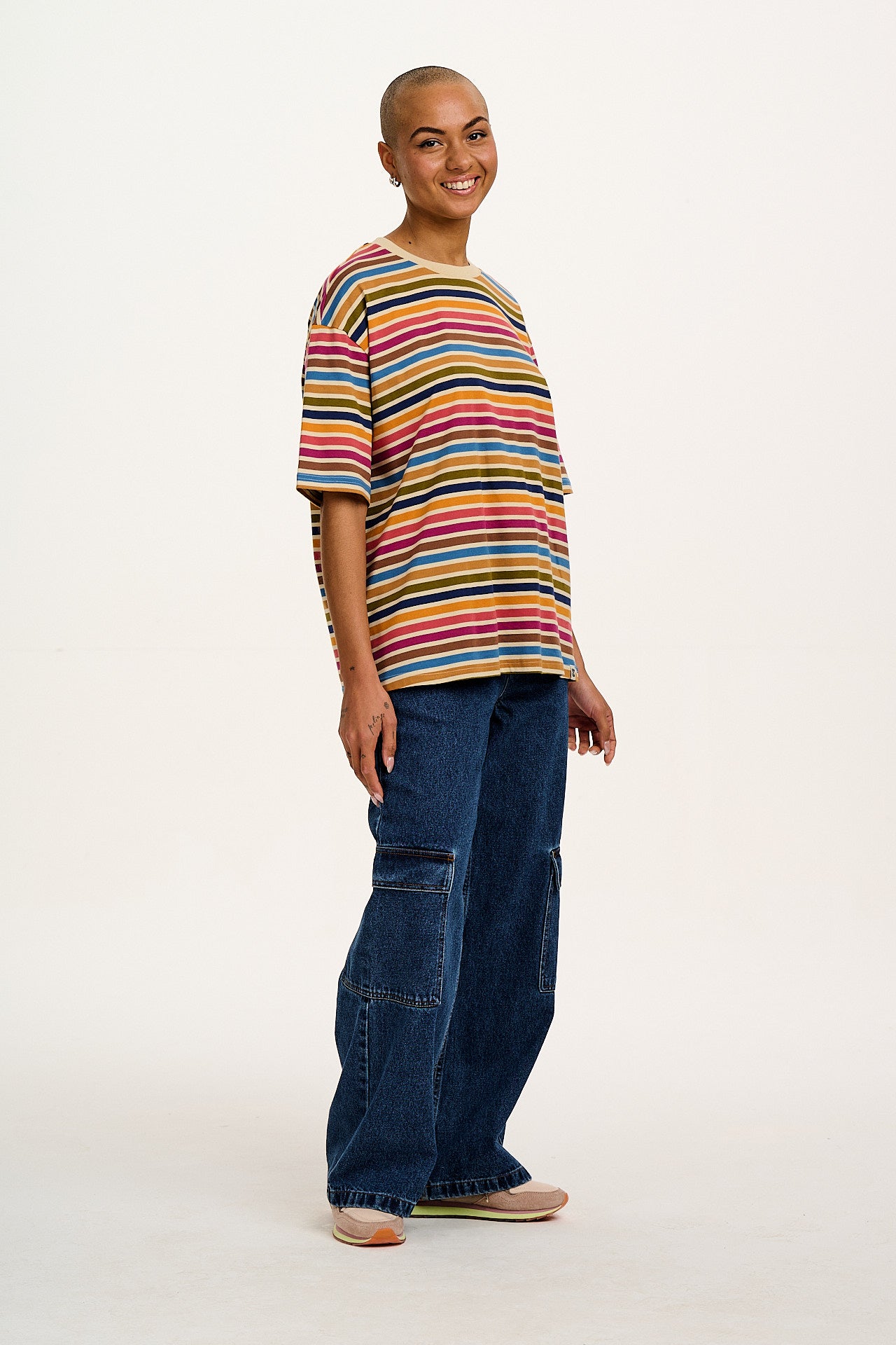 Benny - Oversized Cotton Tee in Rainbow & Ecru Stripe - Image 5