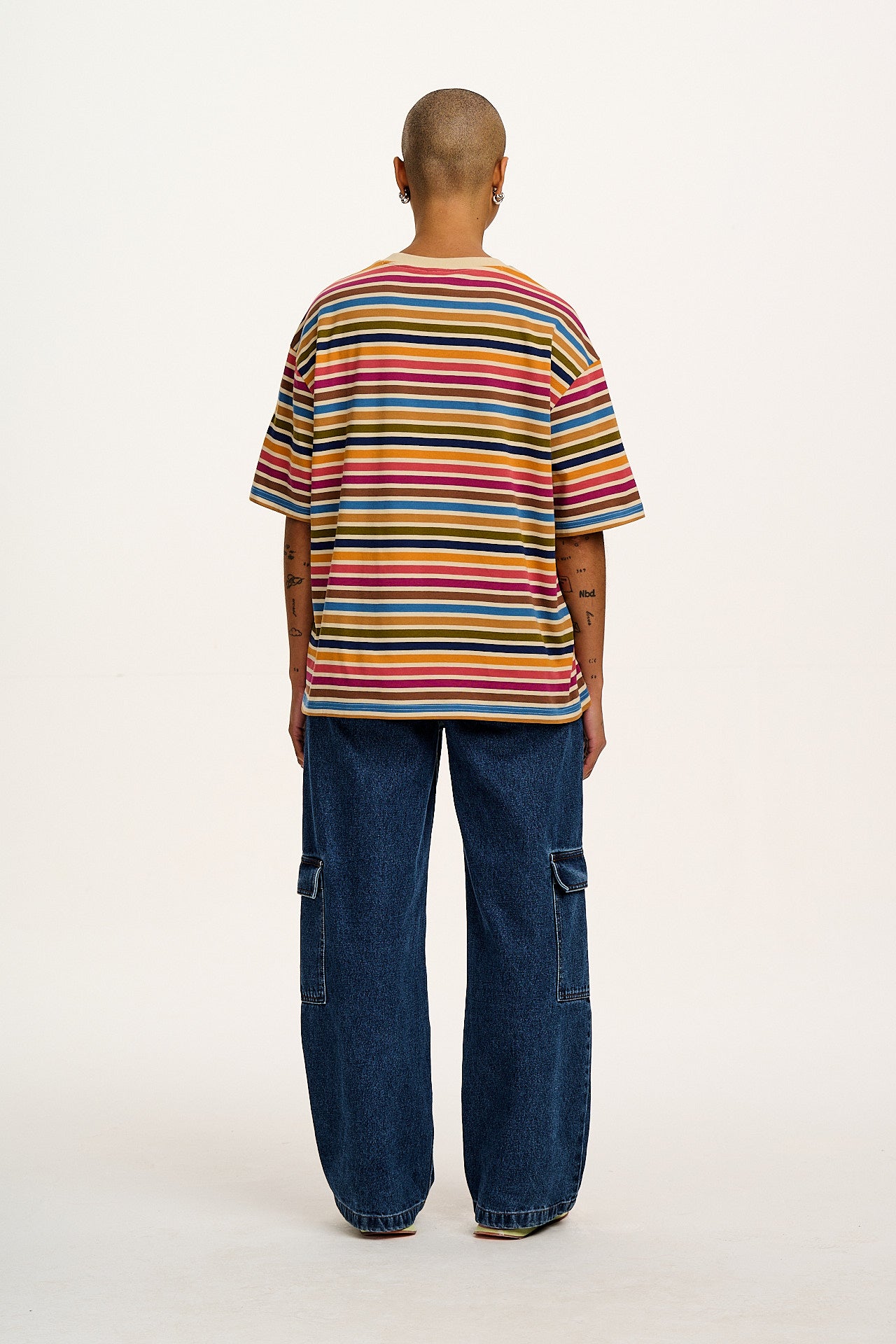 Benny - Oversized Cotton Tee in Rainbow & Ecru Stripe - Image 6
