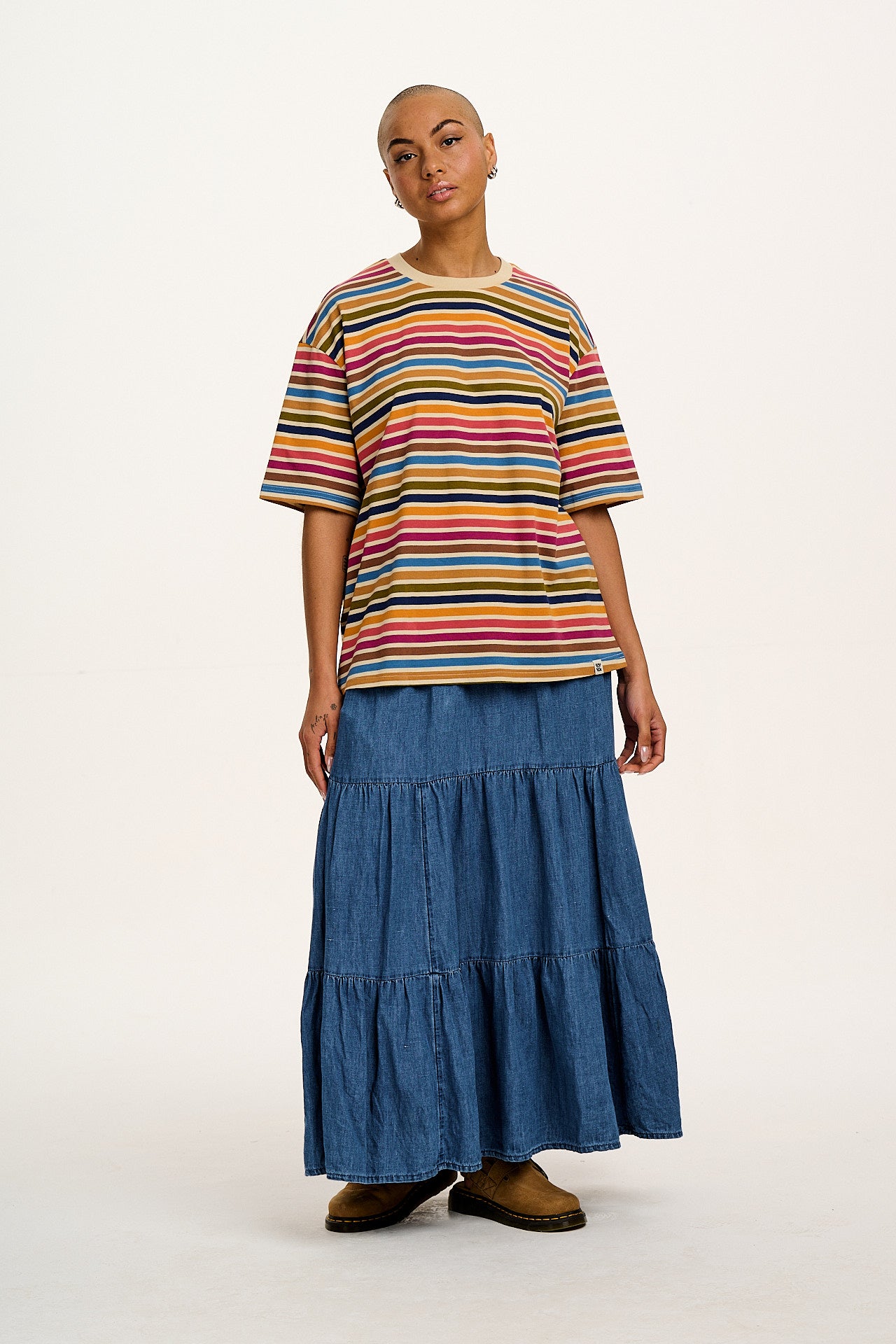 Benny - Oversized Cotton Tee in Rainbow & Ecru Stripe - Image 7