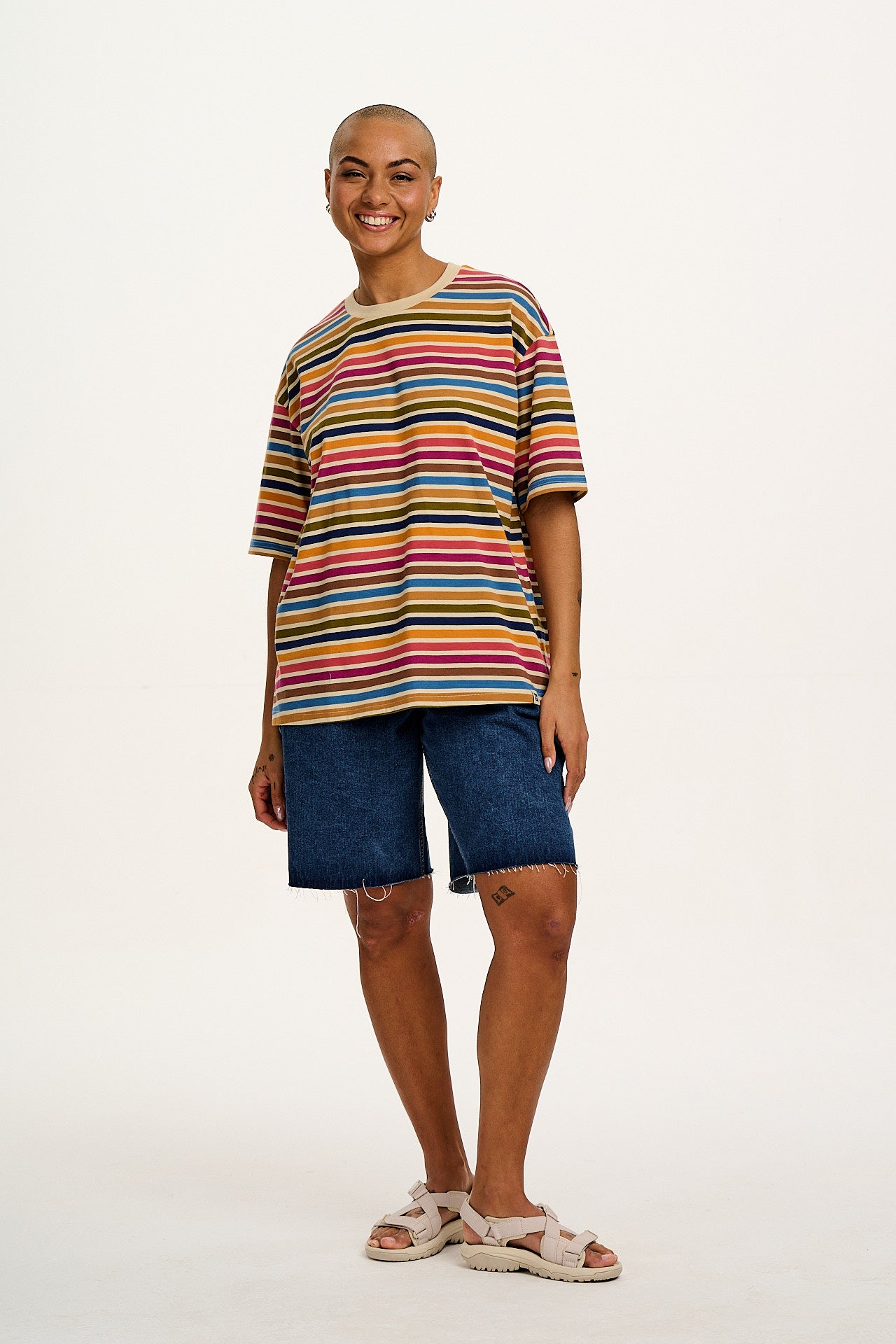 Benny - Oversized Cotton Tee in Rainbow & Ecru Stripe - Image 3