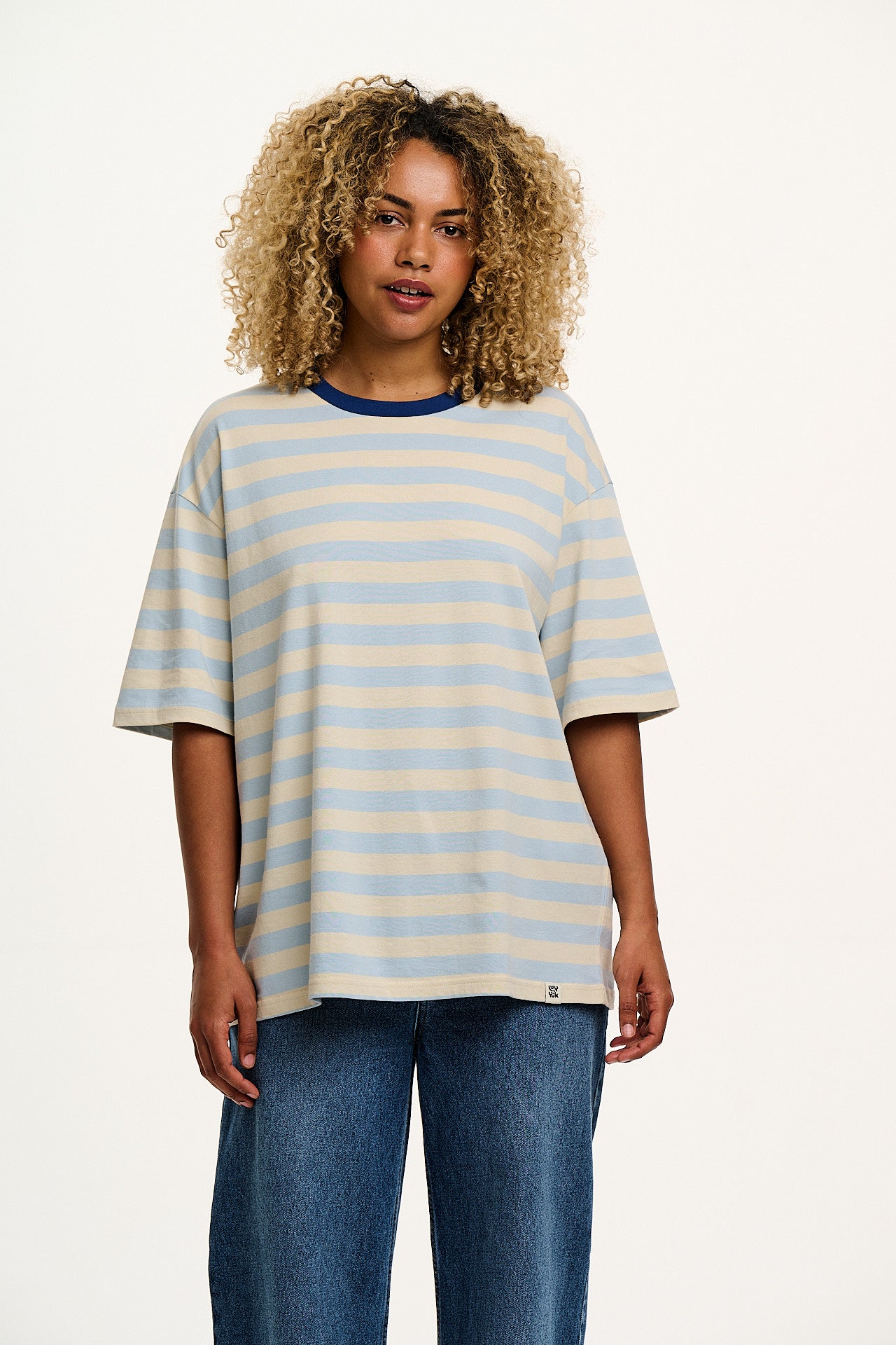 Benny - Oversized Cotton Tee in White & Blue Stripe - Image 2