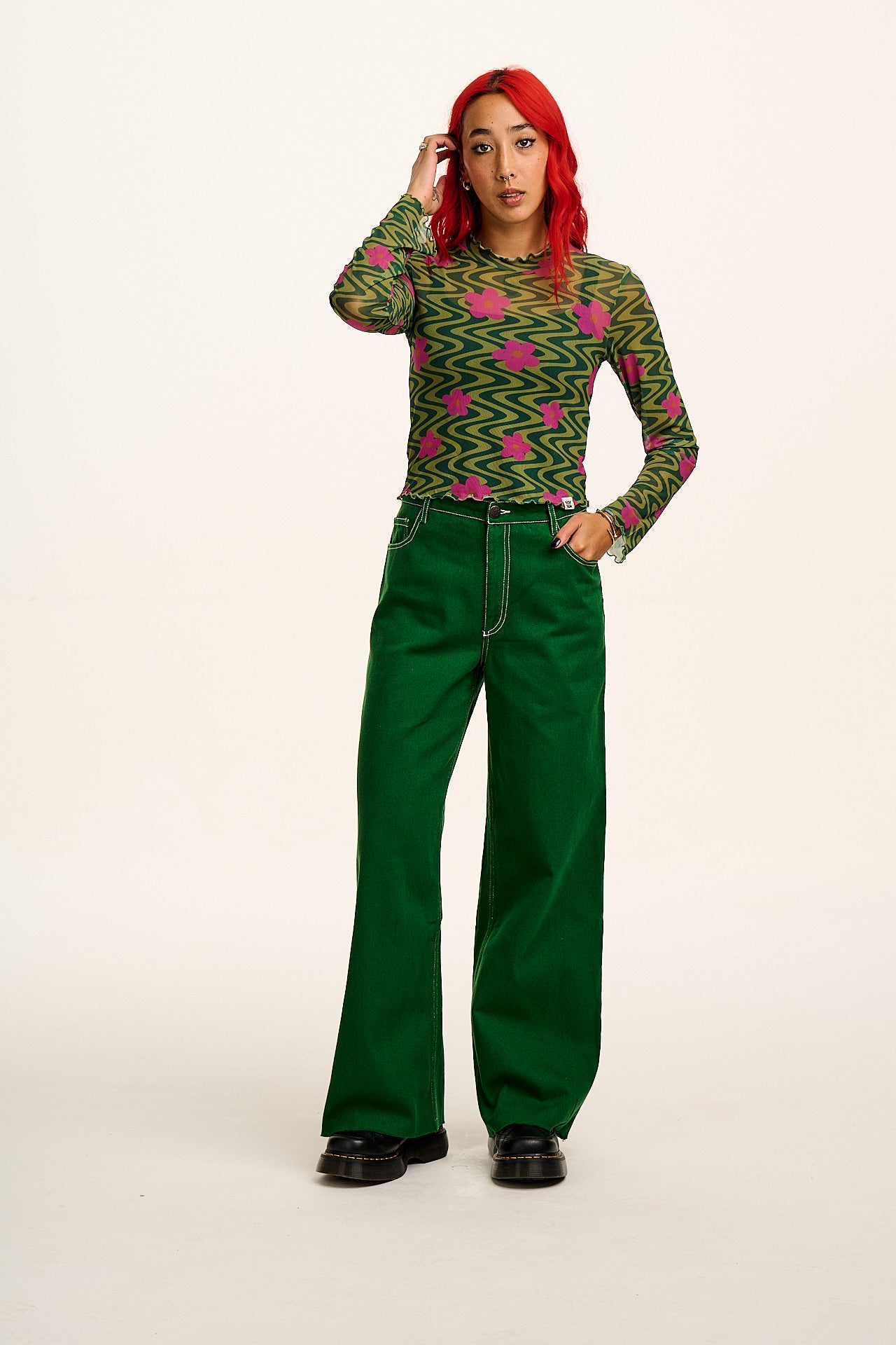 Carter - High Waisted Jeans in Green Contrast Stitch - Image 7