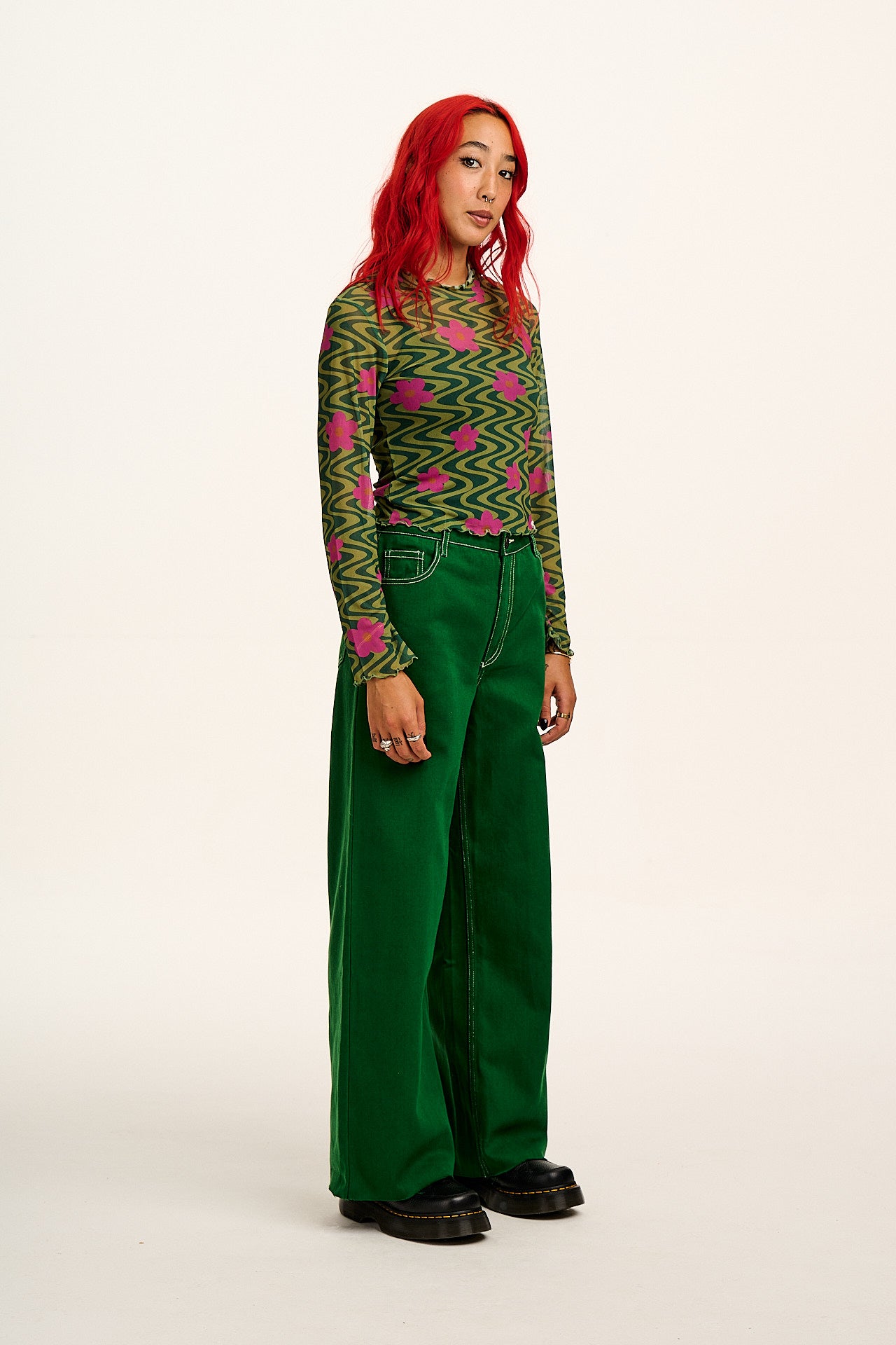 Carter - High Waisted Jeans in Green Contrast Stitch - Image 6