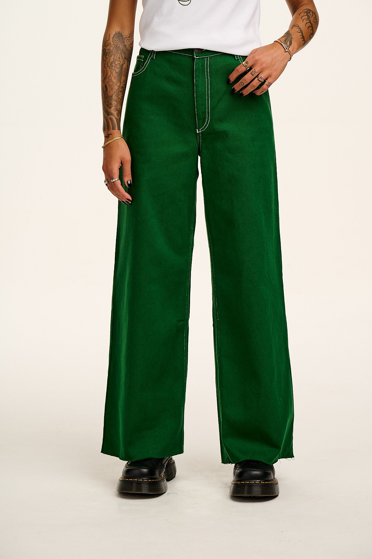 Carter - High Waisted Jeans in Green Contrast Stitch - Image 2