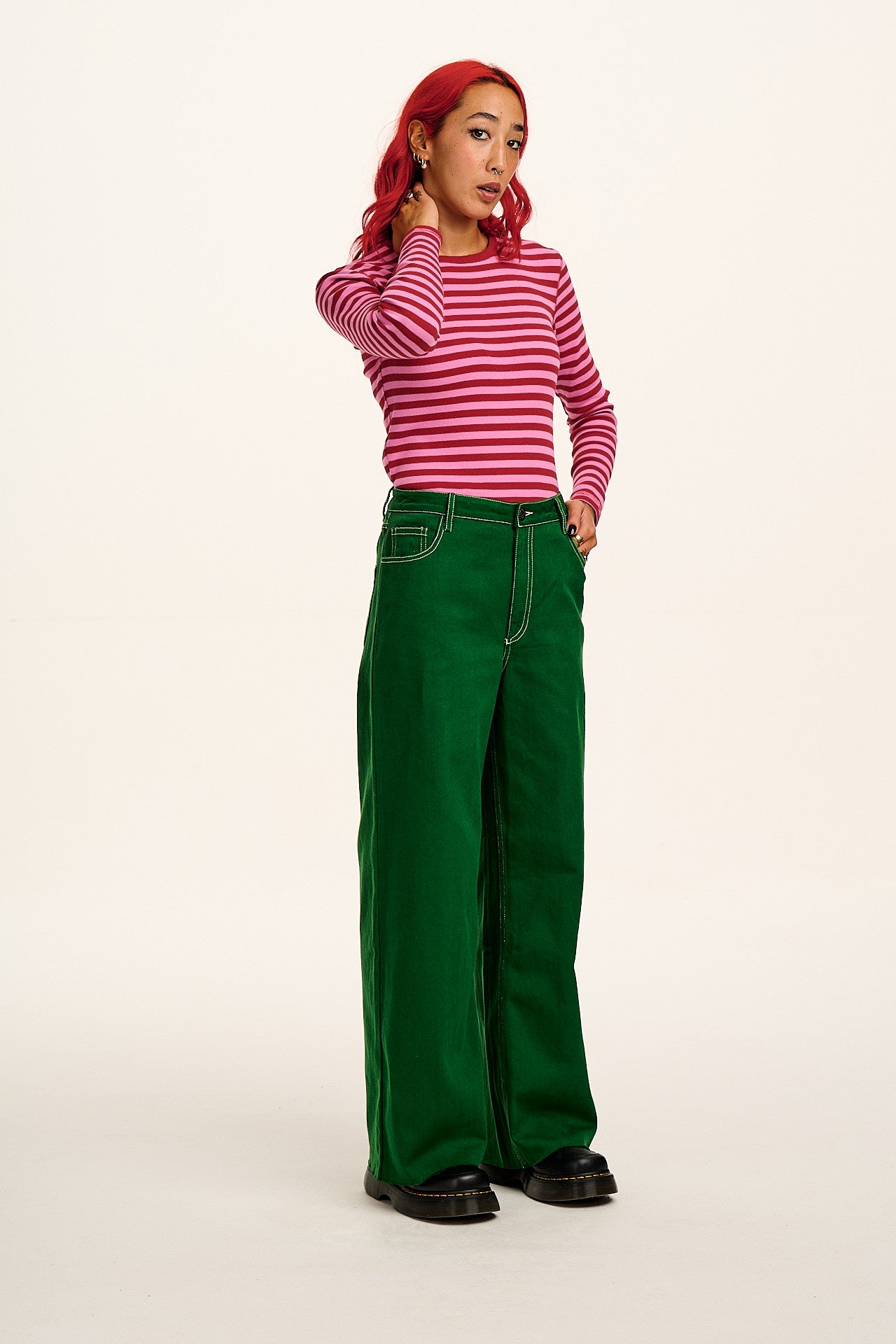 Carter - High Waisted Jeans in Green Contrast Stitch - Image 8