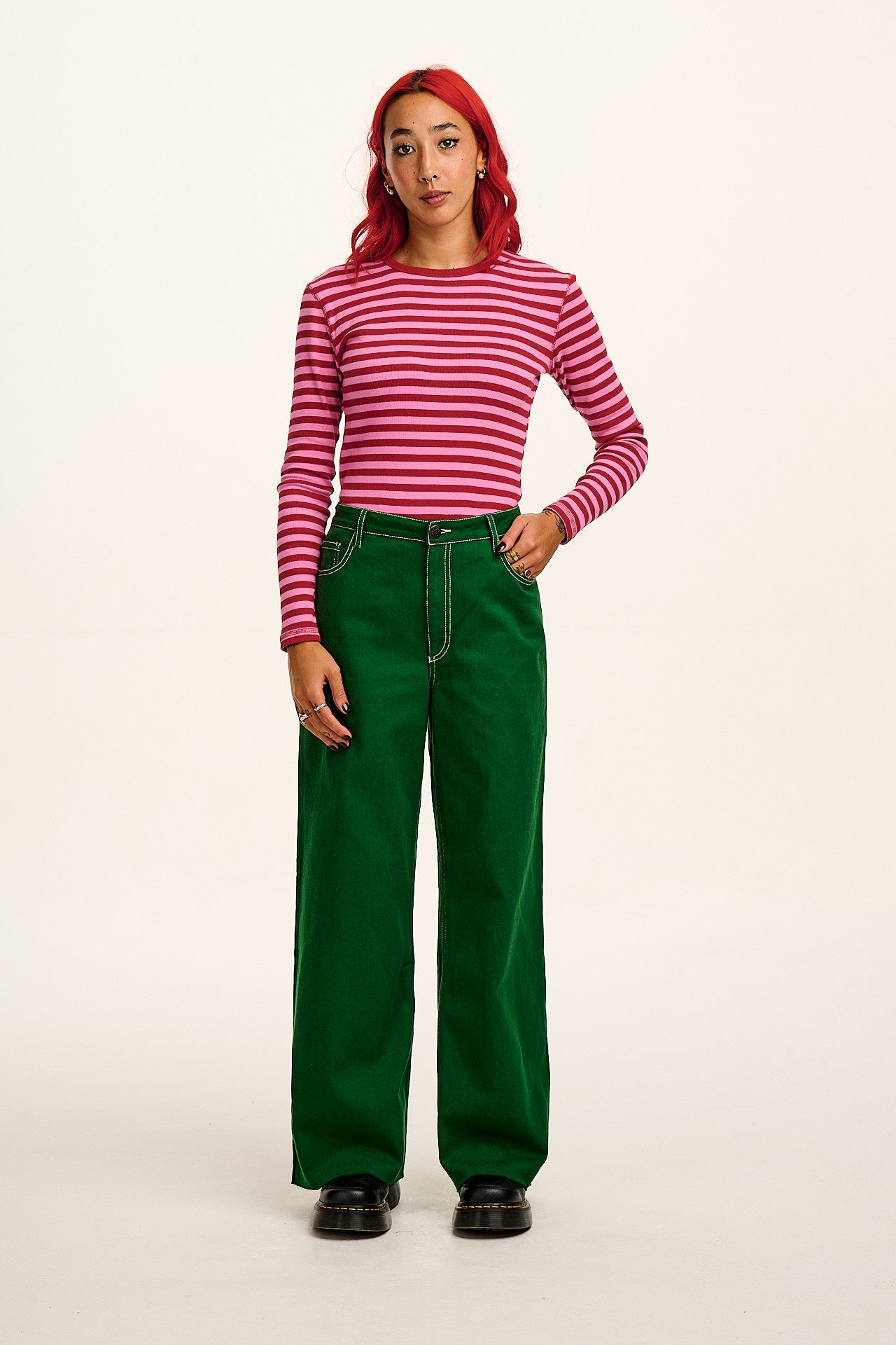 Carter - High Waisted Jeans in Green Contrast Stitch - Image 9
