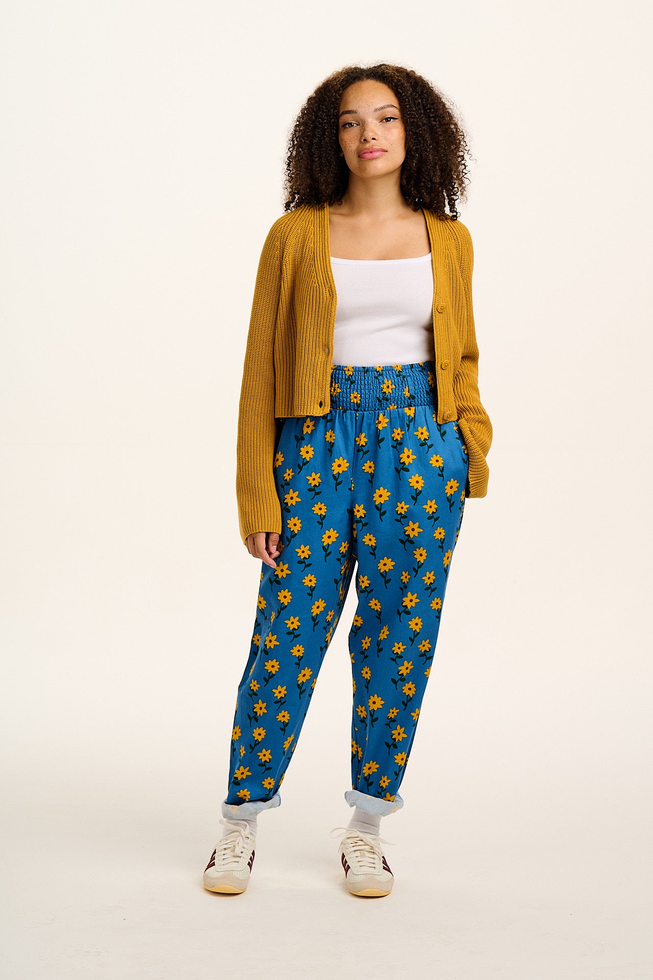 Alexa - Cotton Trousers in Blue Sunflowers Print - Image 9