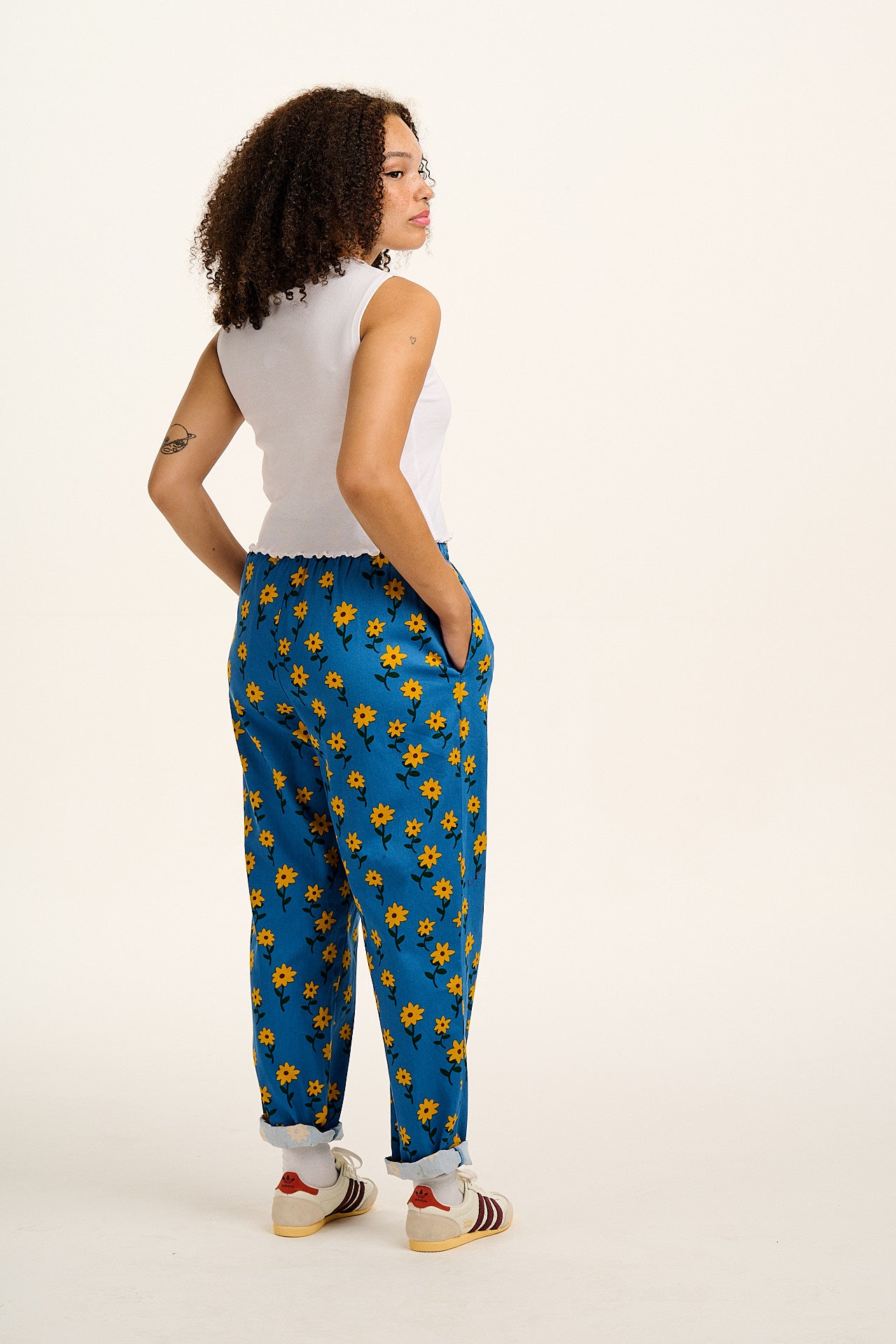 Alexa - Cotton Trousers in Blue Sunflowers Print - Image 7