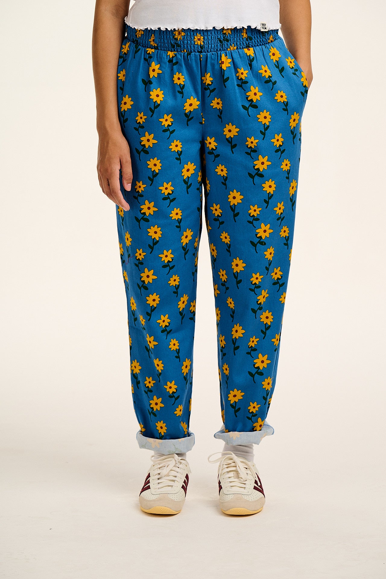 Alexa - Cotton Trousers in Blue Sunflowers Print - Image 2